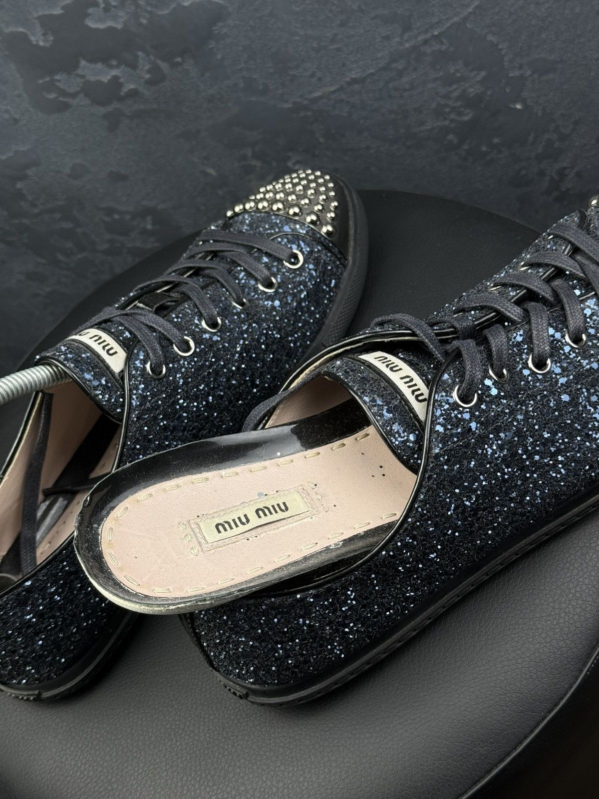 Miu Miu Miu Miu Glitter Dark Blue Studded Blue Trainer Sneakers Size US 10 / IT 40 - 10 Thumbnail