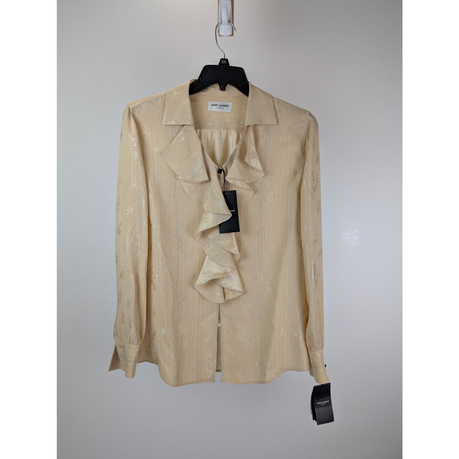 Saint Laurent Paris o1rshd1 Chemise Tight Fitted Ruffled Silk Shirt in Beige Size US M / EU 48-50 / 2 - 8 Thumbnail