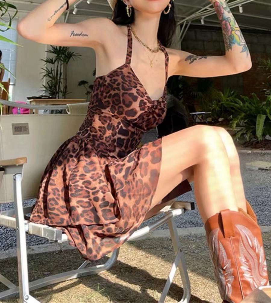 image of Vintage Leopard Print Sexy And Pure Desire Hanging Neck Dress in Brown, Women's (Size Medium)