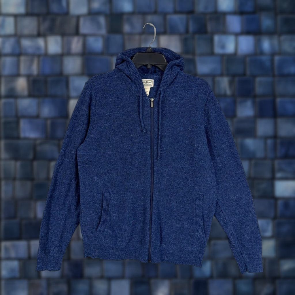 Vintage L.L.Bean Sweater Mens Medium Blue Organic Cotton Full Zip Hooded Cardigan Knit Size US M / EU 48-50 / 2 - 1 Thumbnail