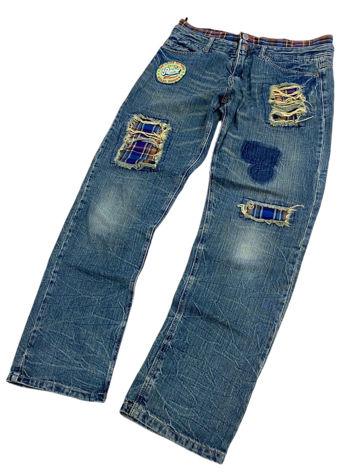 If Six Was Nine × Japanese Brand × Le Grande Bleu (L.G.B.) Grand Honor Denim Patchwork Tartan Distressed Double Waist Size US 31 - 3 Thumbnail