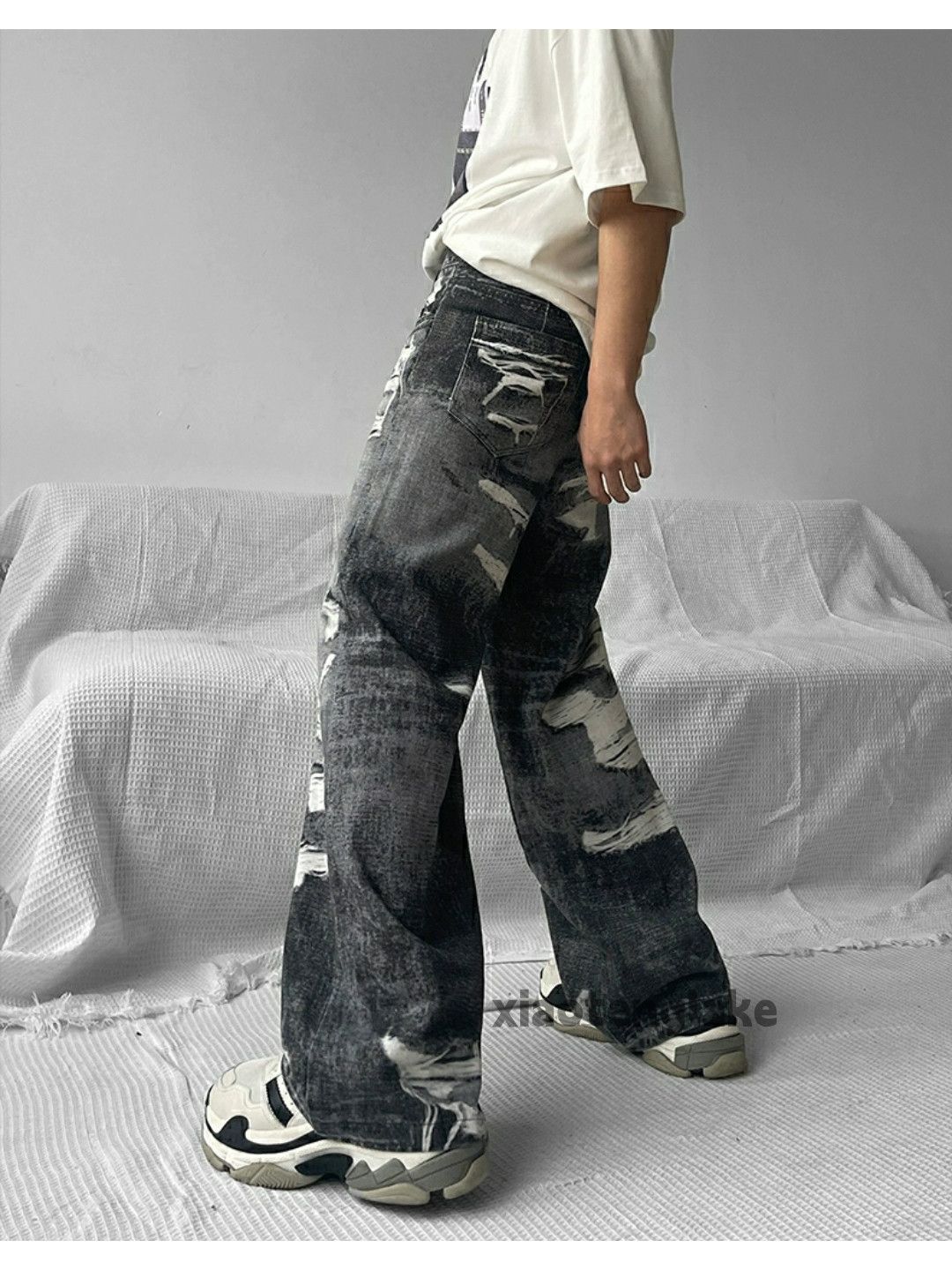 Jean × Vintage washed faded loose baggy bootcut damaged print jeans Size US 30 / EU 46 - 5 Thumbnail