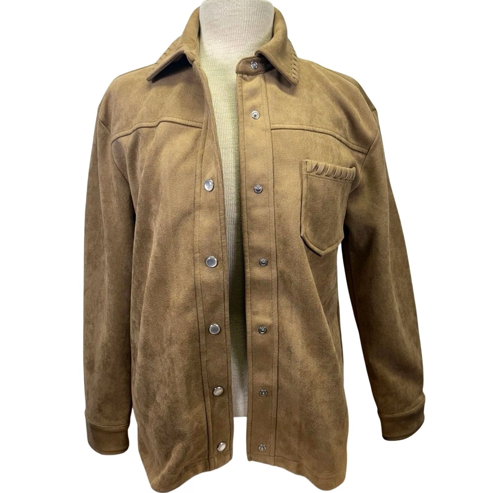 Vintage Bagatelle Shacket Western Shirt XS Long Sleeve Snap Front Faux Suede Tan Brown Women Quarter Whipstitch Button-Up Shacket Modern Basic Size XS / US 0-2 / IT 36-38 - 4 Thumbnail