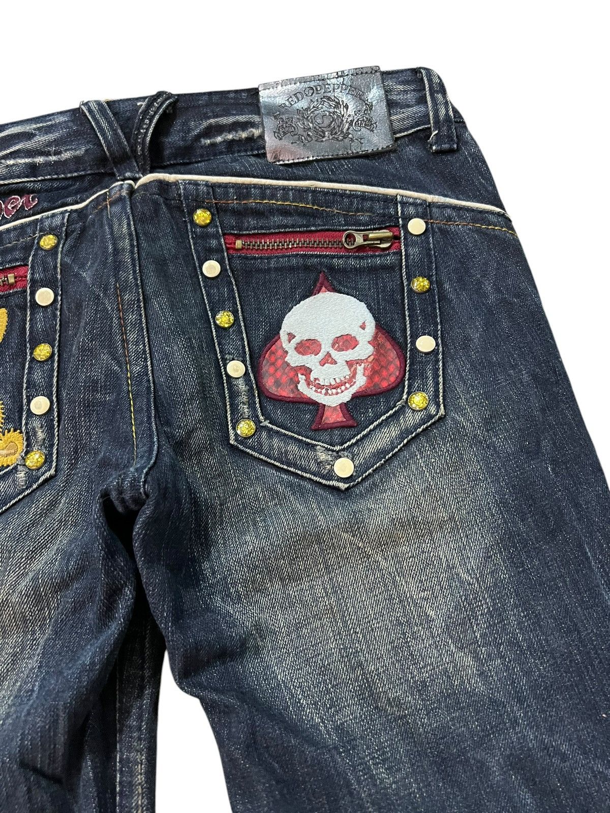 Japanese Brand Flare Redpepper Embroidery Skull Mud Wash Lowrise Jean Size US 31 - 17 Thumbnail
