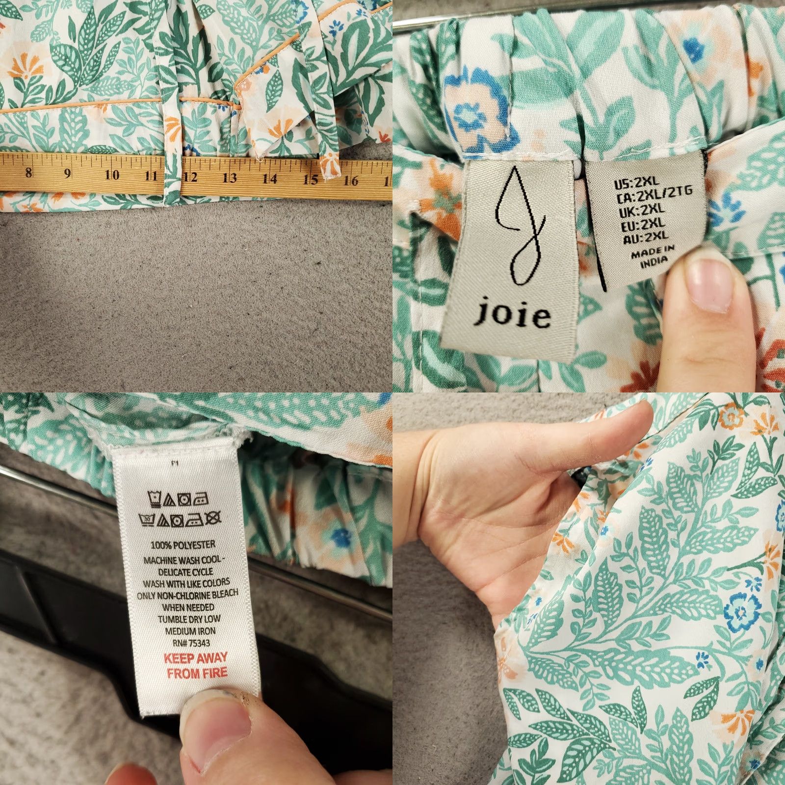 Joie VINTAGE Joie Pajama Set Womens 2XL Green Blue Shorts Button Up Shirt Top Bottom PJ Size XXL / US 16-18 / IT 52-54 - 9 Thumbnail