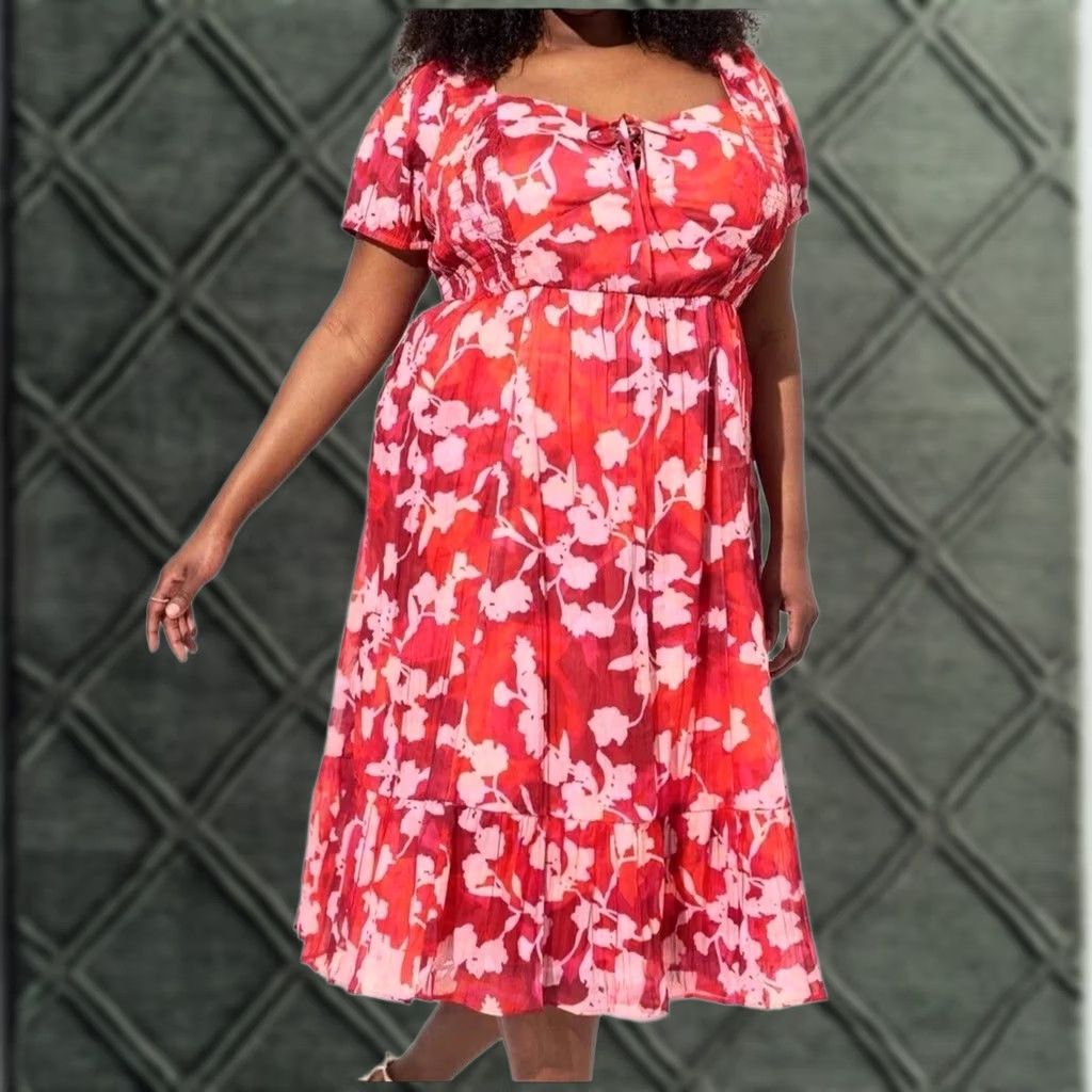 Torrid Torrid Dress Midi Cotton Smocked Lace Up Floral Shady Rose 2XL Womens Red Size XXL / US 16-18 / IT 52-54 - 1 Thumbnail