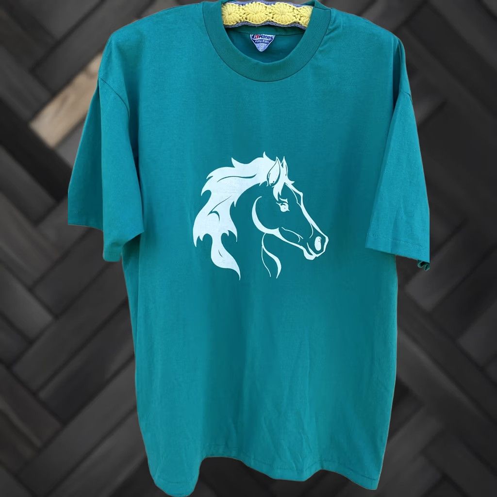 Hanes VINTAGE Hanes Horse Graphic Tee Shirt XL Adult Green Short Sleeve Crew Neck T-Shirt Men Size US XL / EU 56 / 4 - 1 Thumbnail
