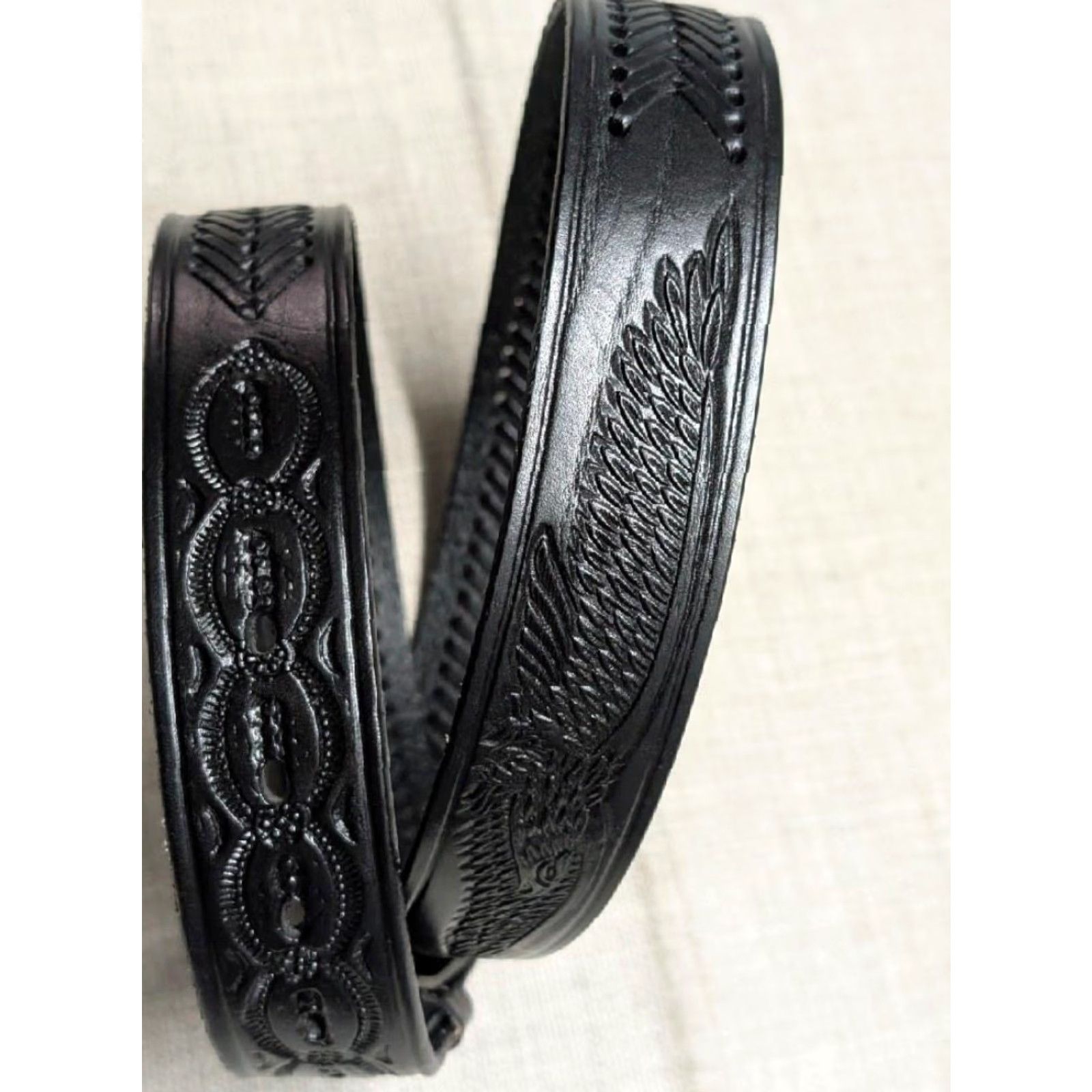 Vintage VINTAGE handcrafted western belt EAGLE buckle 42 belt Men Cowhide Leather Tooled Studded 1-1/2" Width Black 1980's Mens Size 42 - 2 Thumbnail