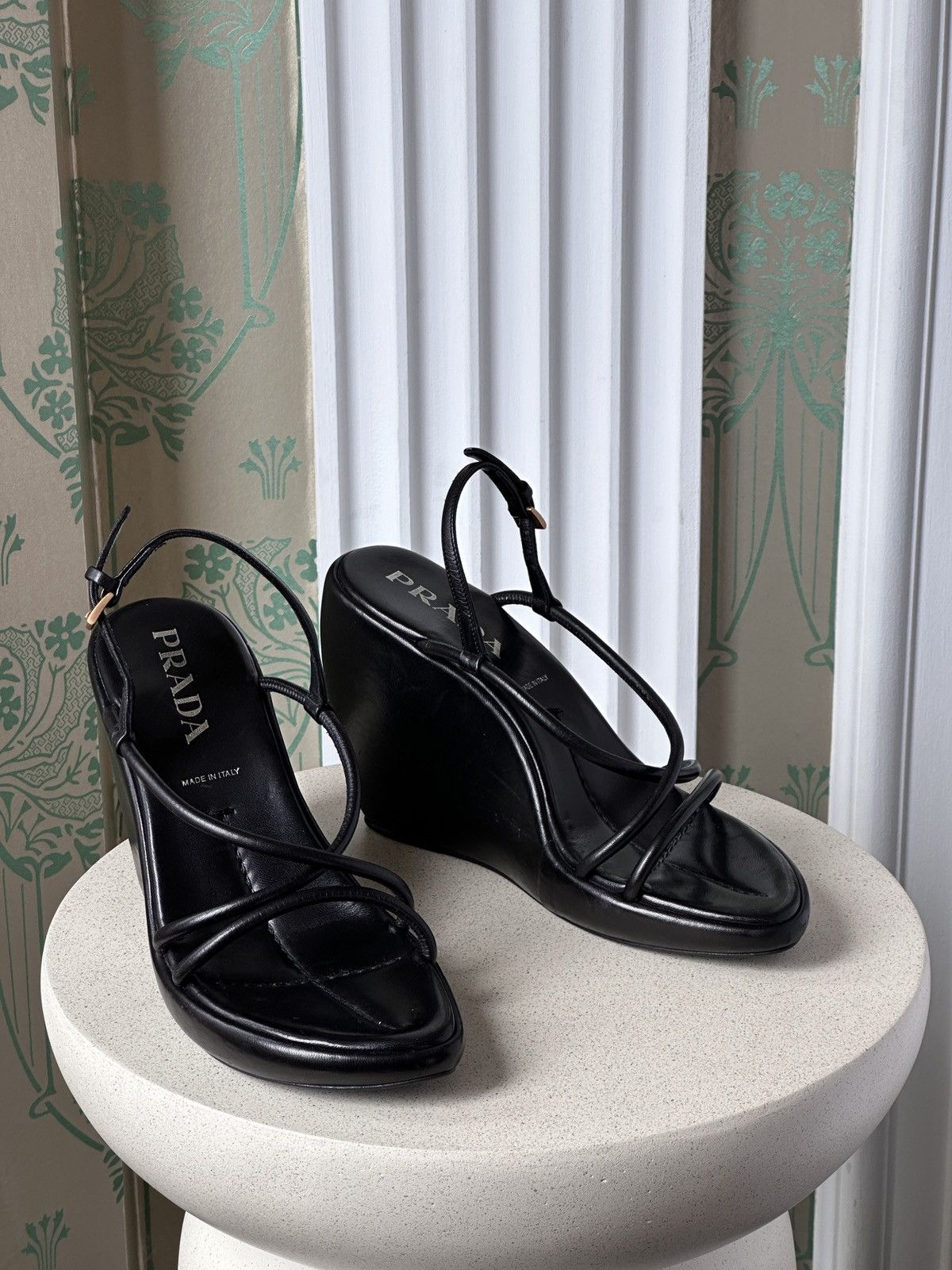Prada Prada Black Leather Wedge Heel Platform Strap Sandals 38 Size US 8 / IT 38 - 10 Thumbnail