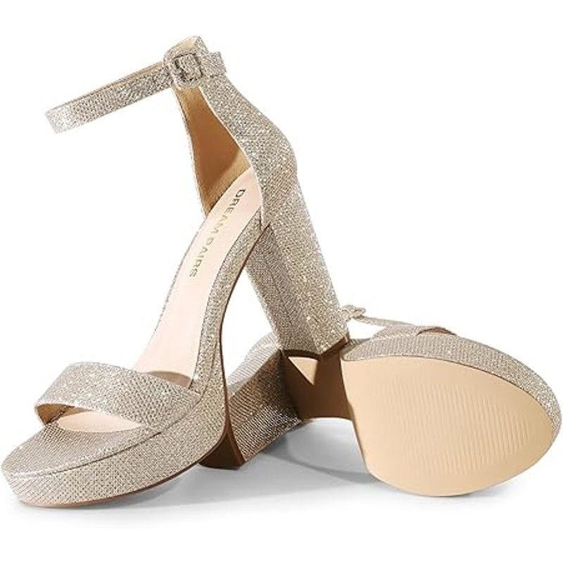 Other New Dream Pair 7.5 Gold Glitter Block Heel Ankle Strap Shoes Size US 7.5 / IT 37.5 - 3 Thumbnail