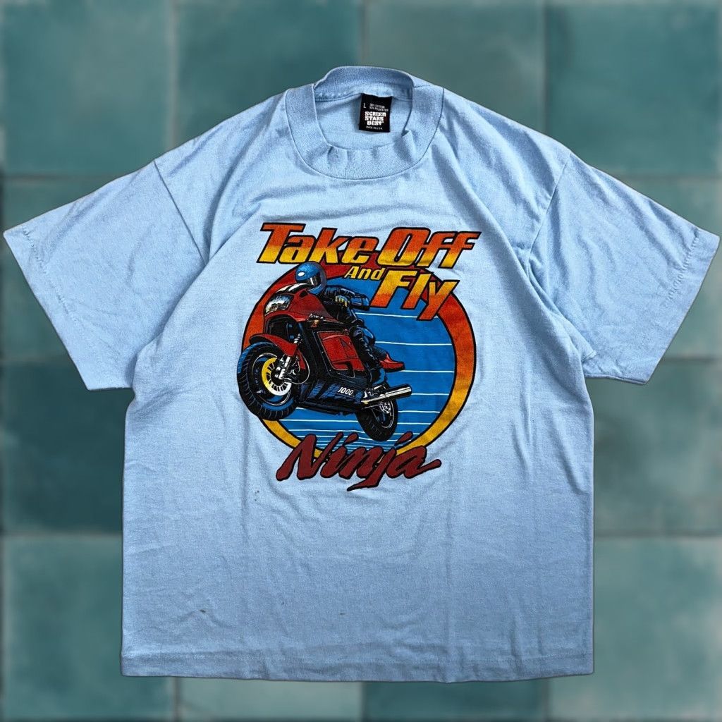 VINTAGE Screen Stars Motorcycle Ninja 80s VTG T Shirt Short Sleeve Crew Neck L Blue Mens Graphic Print 80s Theme