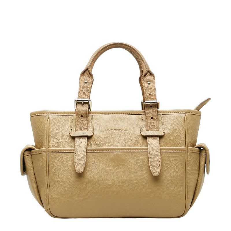 image of Burberry Leather Side Pocket Tote Bag in Beige, Women's