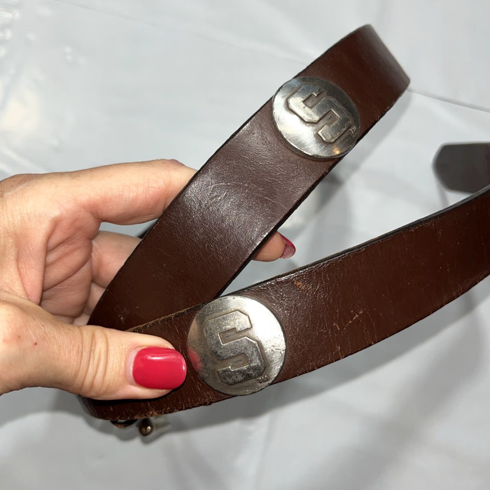 Vintage Michigan State Spartans Leather Belt 33-37 Men Brown Silver Conchos Mexico Size 32 - 6 Thumbnail