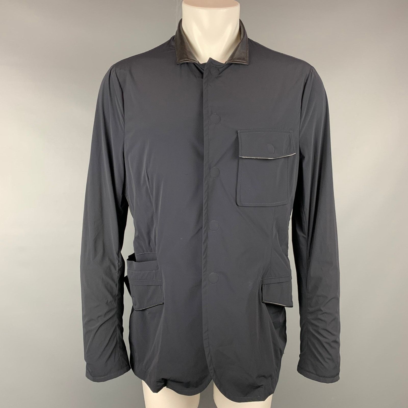 Giorgio Armani GIORGIO ARMANI Navy Nylon Blend Snaps Lightweight Jacket Size US L / EU 52-54 / 3 - 1 Thumbnail