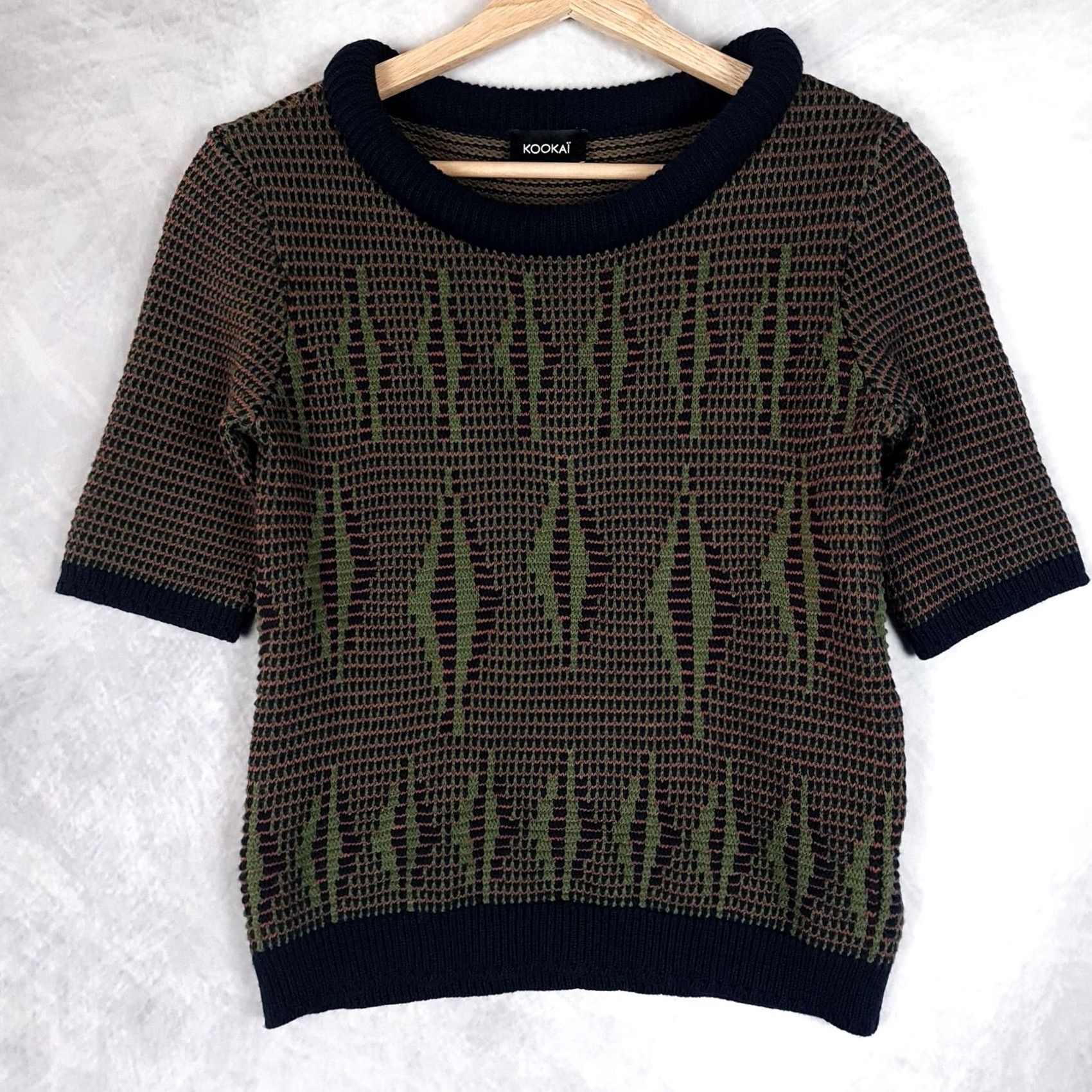 Vintage Kookai Sweater Womens S Short Sleeve Round Neck Geometric Knit Pullover Navy Blue Top Jumper Size S / US 4 / IT 40 - 5 Thumbnail