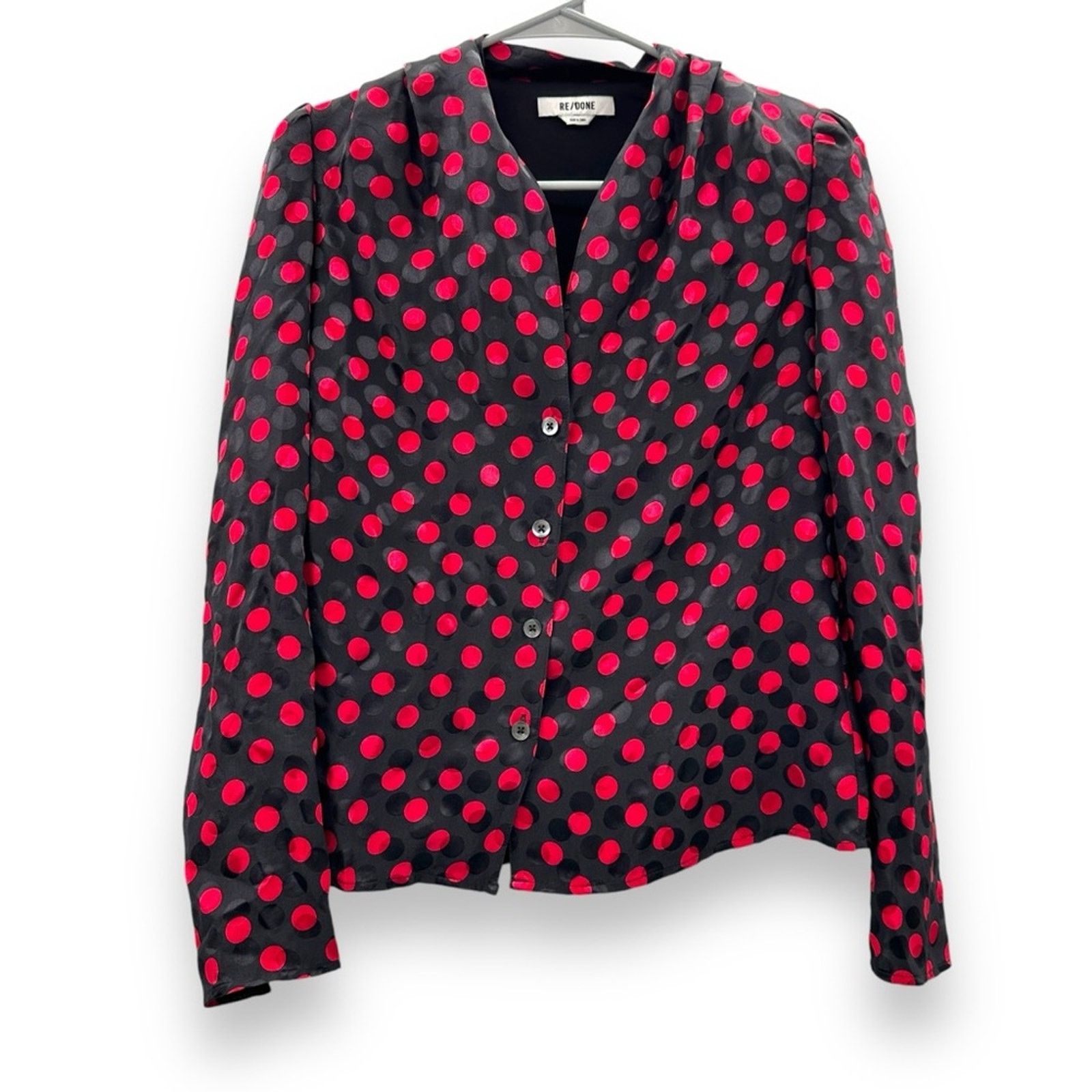 RE/DONE Re/Done 100% Silk Red & Black Polka Dot Button Front Top XS Size XS / US 0-2 / IT 36-38 - 2 Thumbnail