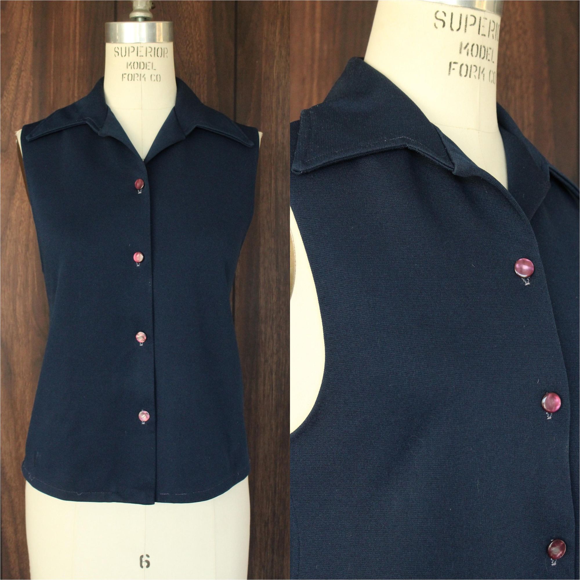 Vintage Vintage 1970s Shirt, Dagger Collar Navy Blue Button Down Pol Size S / US 4 / IT 40 - 1 Thumbnail