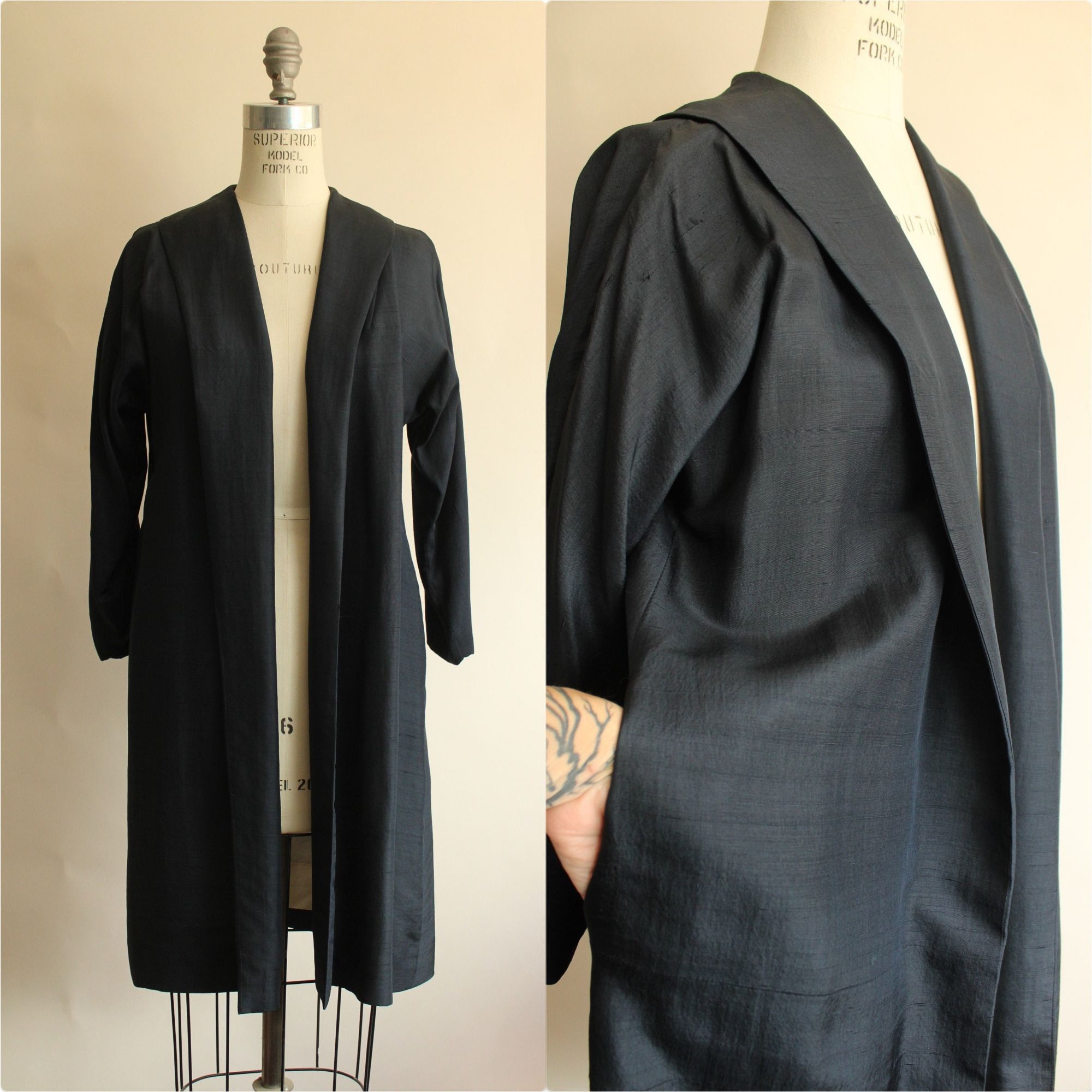 image of Vintage 1960S Swing Coat With Pockets, Cates Blue Black Silk, Women's (Size Medium)