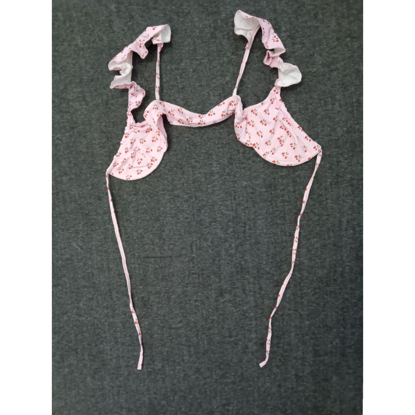 Vintage Frankies Bikinis S Pink Strawberry Underwired Tie Ruffle Straps Bikini Top Swim Top Women Side Logo Floral Pattern Pink Strappy Wide Straps Size S / US 4 / IT 40 - 3 Thumbnail