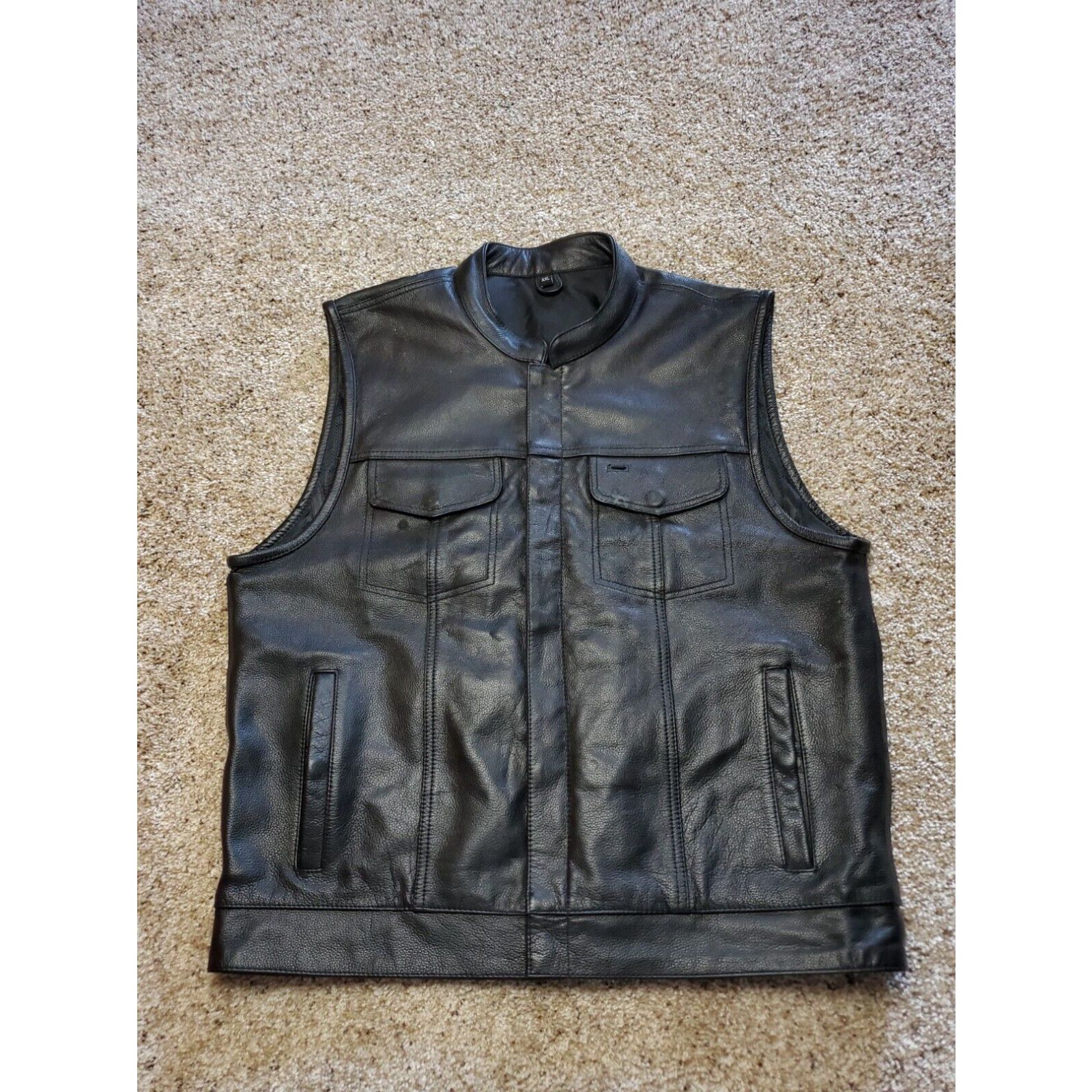 image of Vintage Street & Steel Leather Vest 2Xl Mens Black Full Zip Concealed Pockets Biker in White