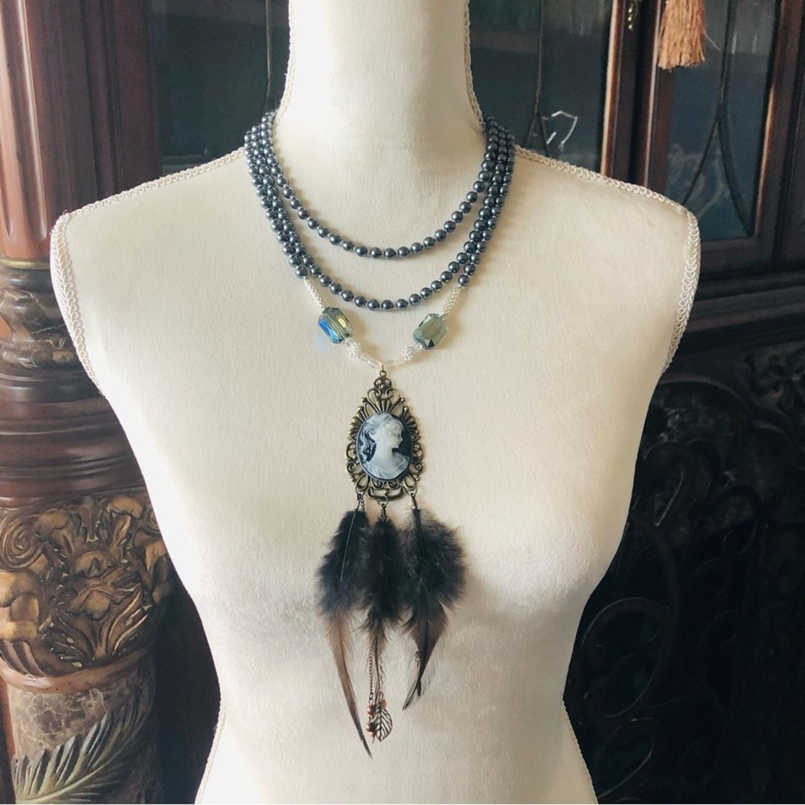 Handmade Handcrafted filigree cameo Pearl labradorite necklace Size ONE SIZE - 5 Thumbnail