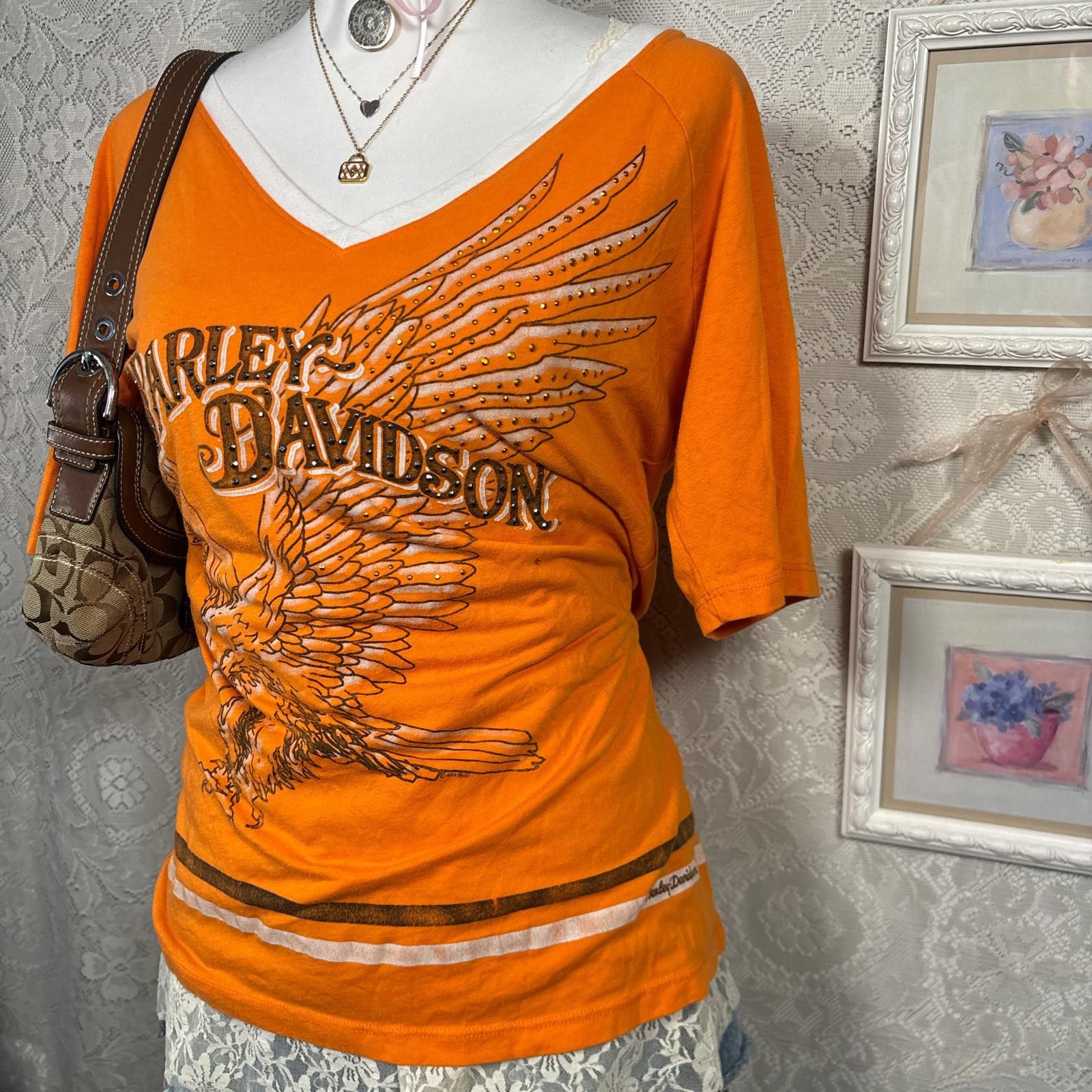 Harley Davidson y2k harley davidson orange rhinestone t-shirt Size M / US 6-8 / IT 42-44 - 3 Thumbnail