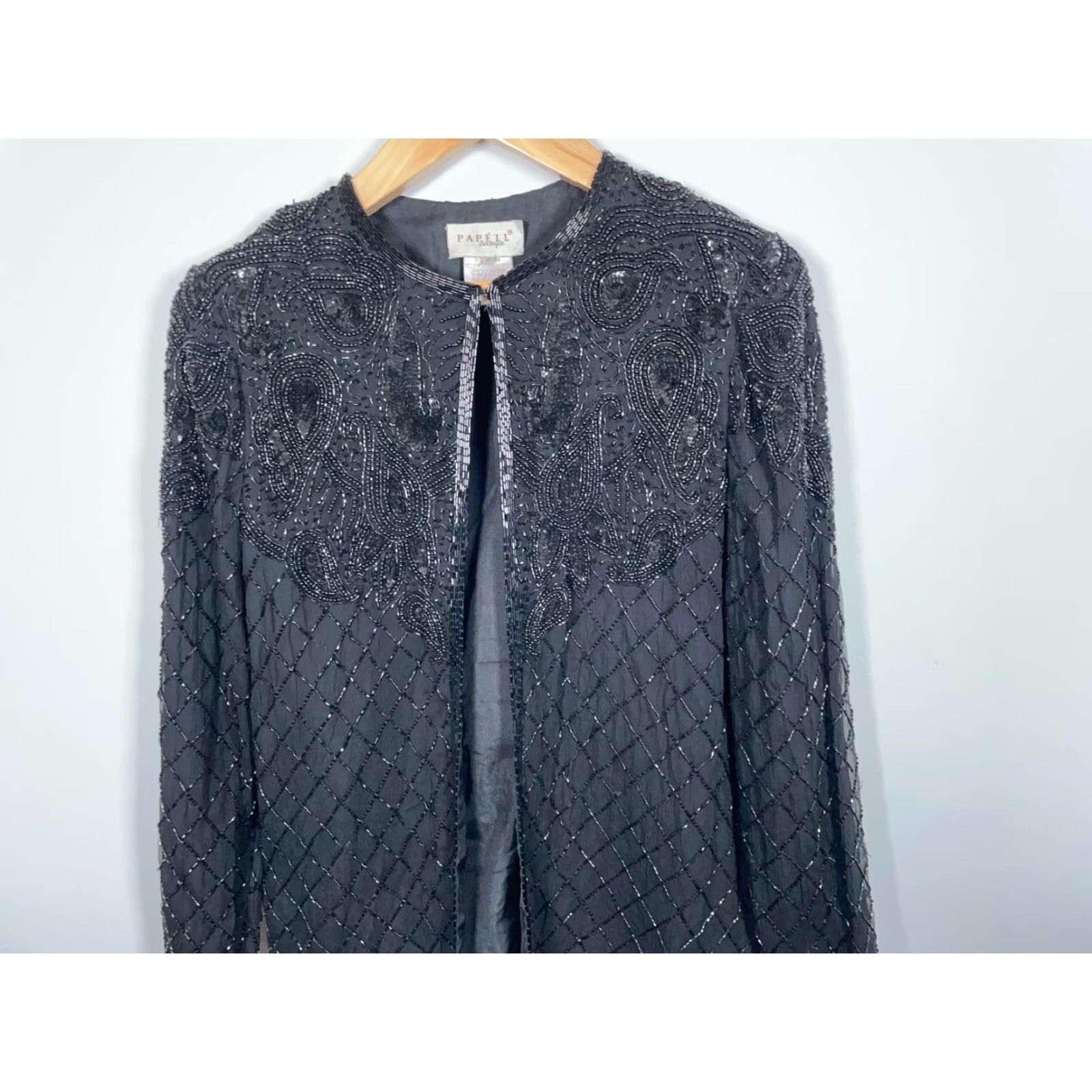 Adrianna Papell VINTAGE Papell Boutique Silk Beaded Jacket Women's Small Black Clasp Open Front Sequin Size S / US 4 / IT 40 - 4 Thumbnail