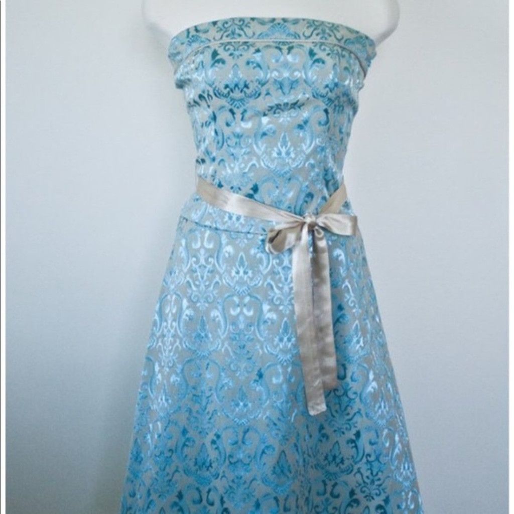 Vintage Womens French Blue Brocade Strapless Dress satin Ribbon Belt Size S / US 4 / IT 40 - 2 Thumbnail