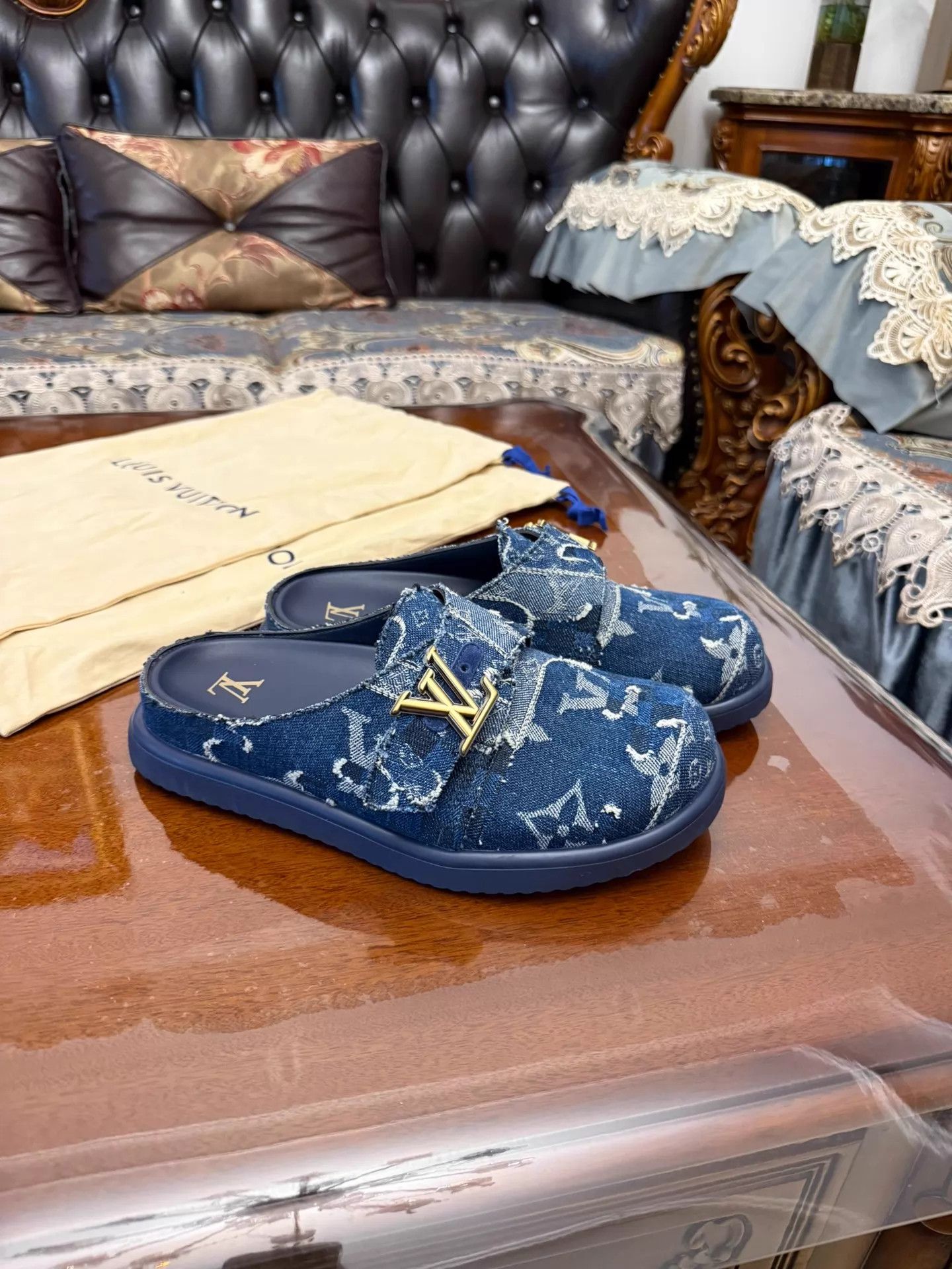 Louis Vuitton LV x Nigo Easy Boro Denim Slipper Blue 7 Unisex Worn 2-3x Size US 8 / EU 41 - 2 Thumbnail