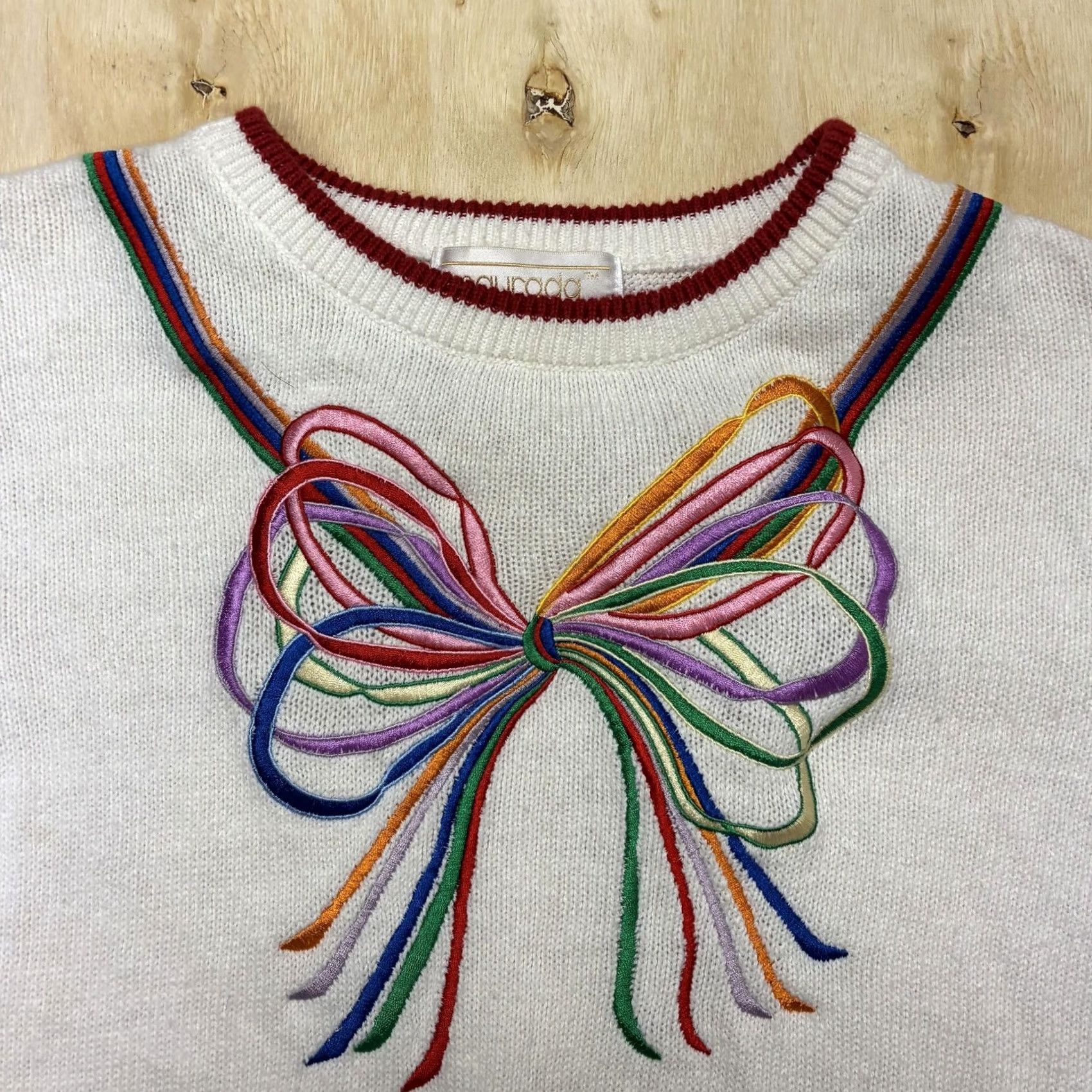 Vintage Maurada Sweater Womens Large White Short Sleeve Bow Embroidered Crewneck Knit Size L / US 10 / IT 46 - 2 Thumbnail