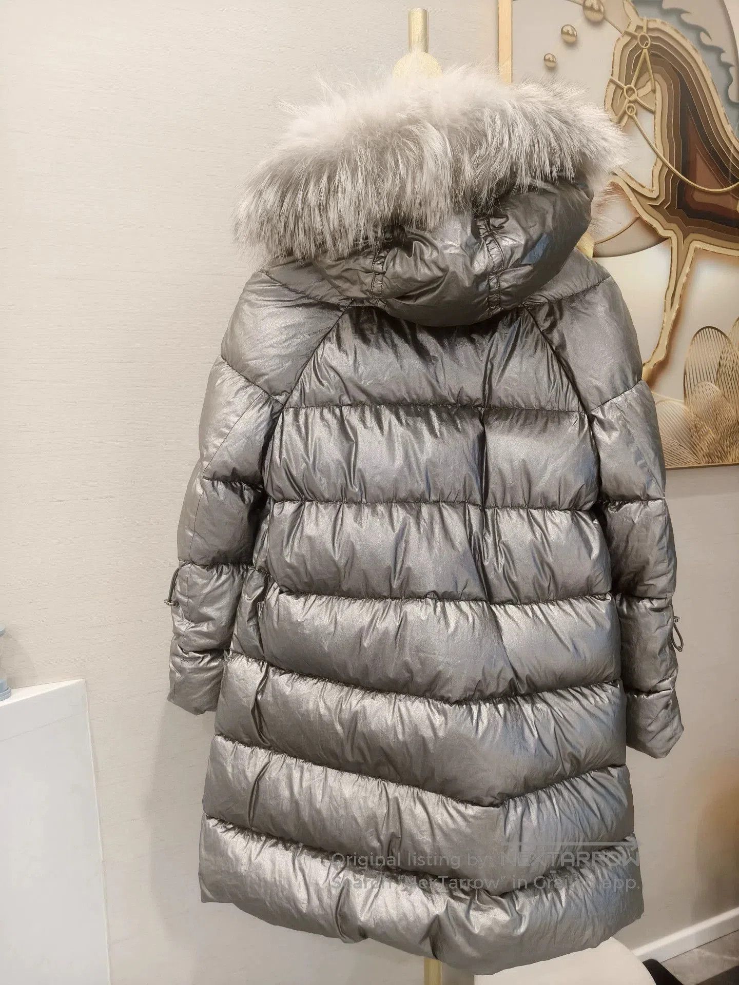 Moncler Silver Puffer Coat with Faux Fur Hood. Size US S / EU 44-46 / 1 - 2 Thumbnail