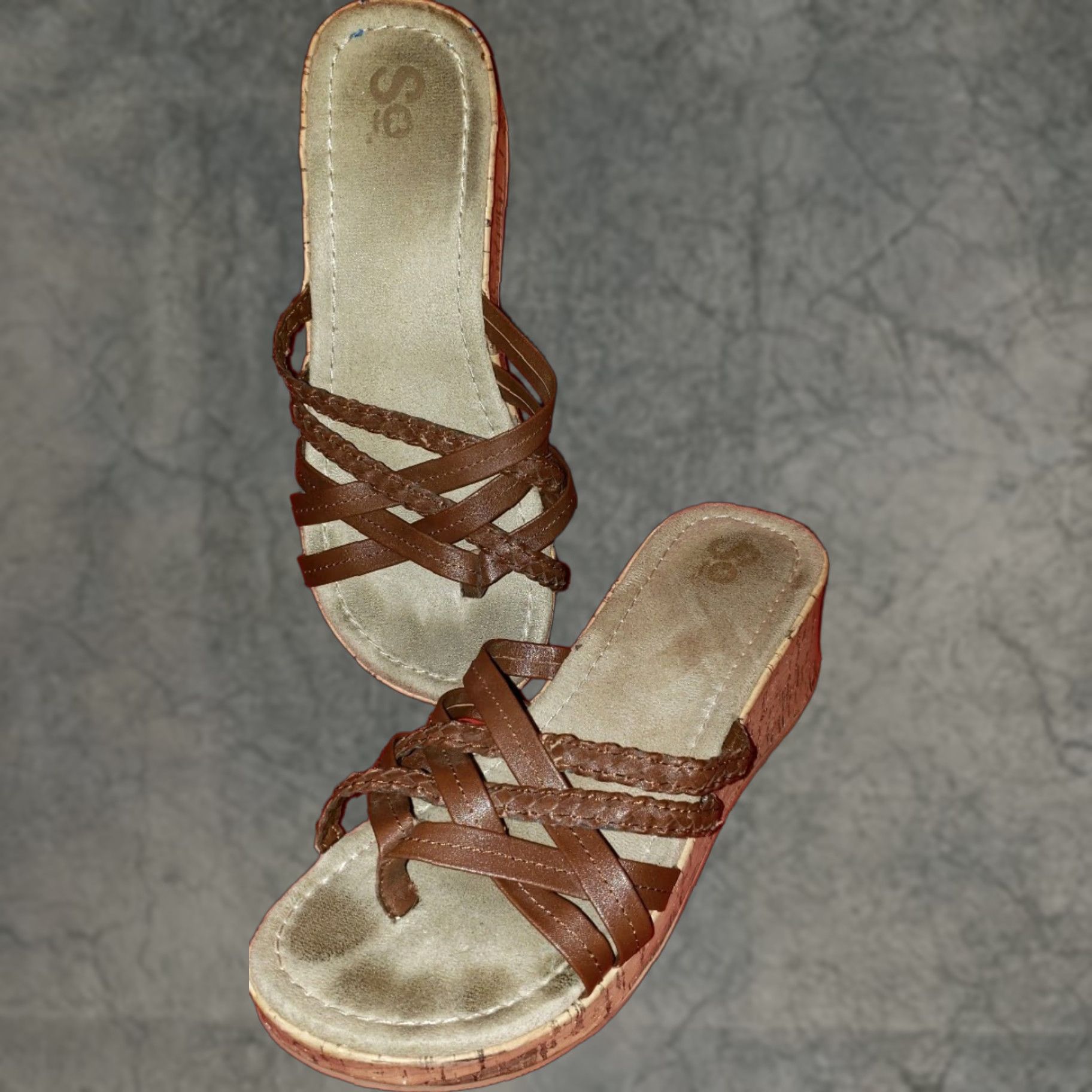 Vintage SO Women's Slide Platform Wedge Sandals Size 7.5M Brown Crossovers Toe Post - Slip On, Faux Leather, Suede Insole, Casual Shoes, Women, 2.5" Heel Size US 6 / IT 36 - 1 Thumbnail