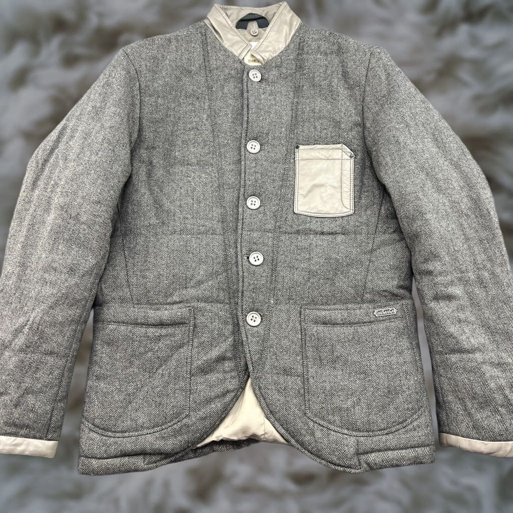 Diesel VINTAGE Diesel Herringbone Wool Jacket Mens Large Gray Buttons Leather Pocket Shirt Size US L / EU 52-54 / 3 - 1 Thumbnail