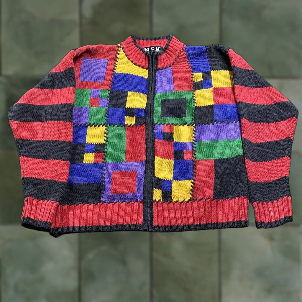 Vintage VINTAGE Striped Knit Sweatshirt Mens L Red Y2K Heavy Full Zip Sweater Cage? Size US L / EU 52-54 / 3 - 1 Thumbnail