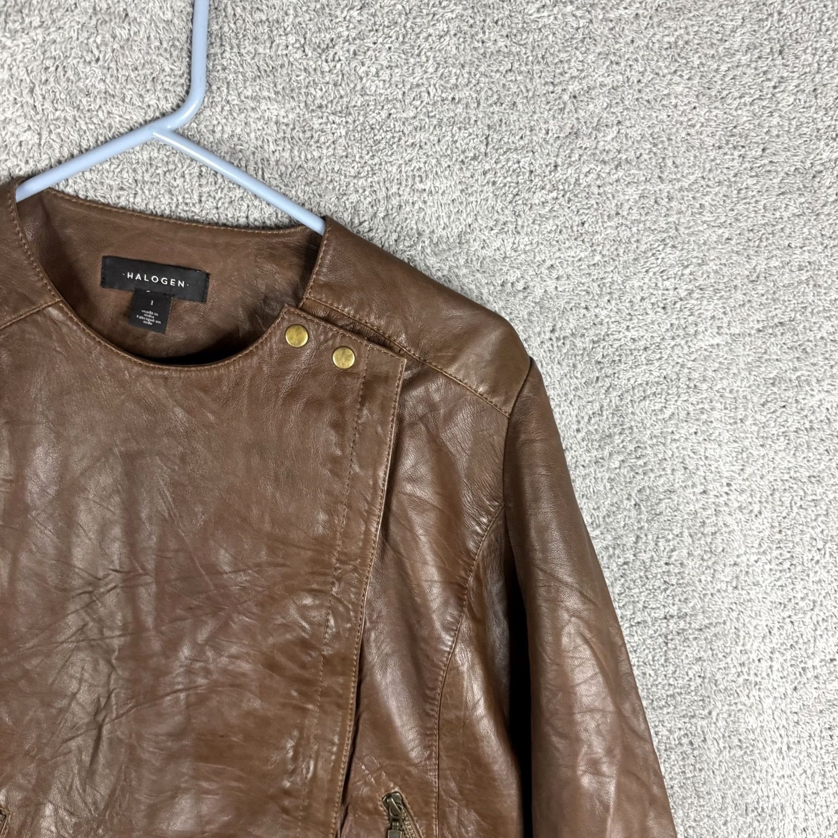 Vintage Halogen Leather Jacket Womens Large Brown Moto Asymmetrical Zip Pockets Lined Jacket Women L Size L / US 10 / IT 46 - 4 Thumbnail