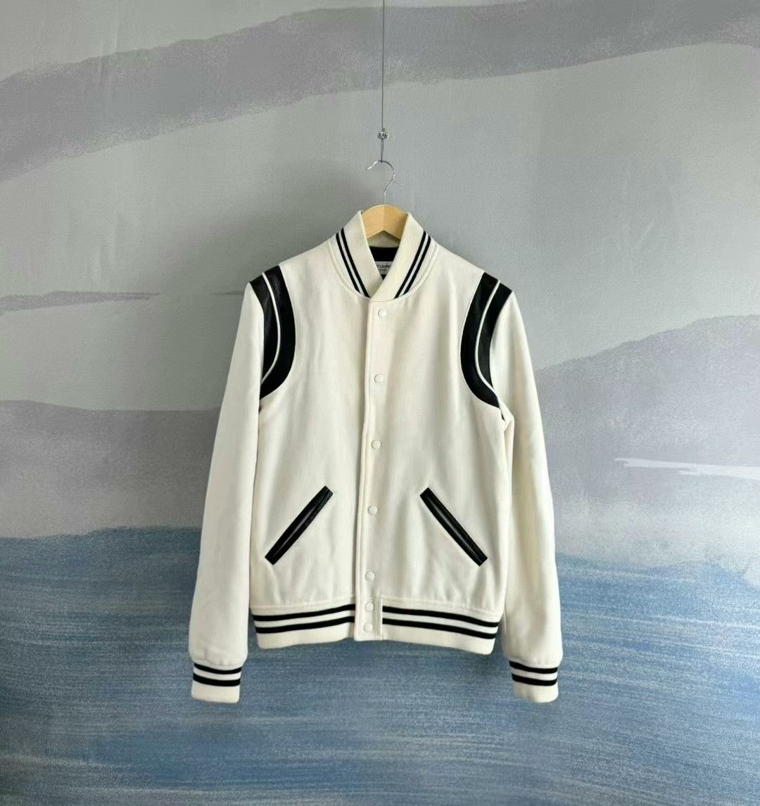 Saint Laurent Paris Saint Laurent White Leather Sleeves Baseball Jacket Size US M / EU 48-50 / 2 - 1 Thumbnail