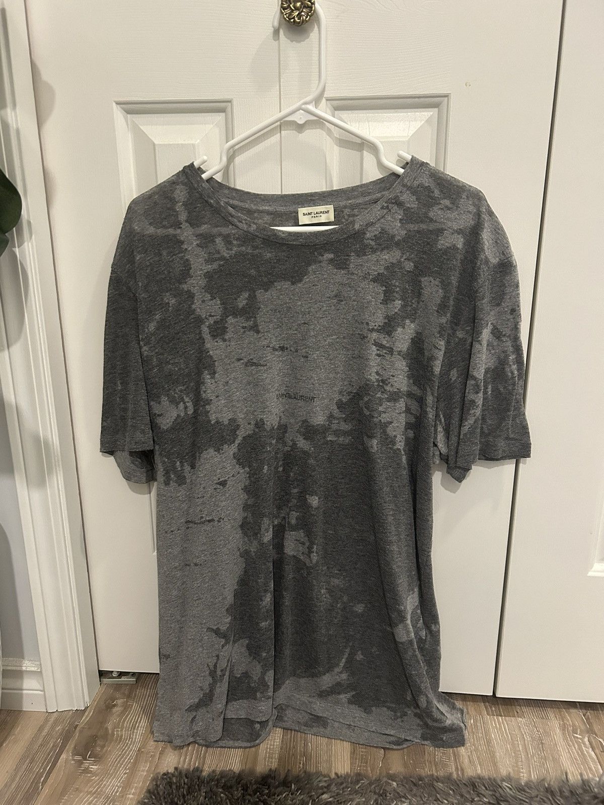 image of Saint Laurent Paris Saint Laurent Grey Box Logo Tee, Men's (Size XL)