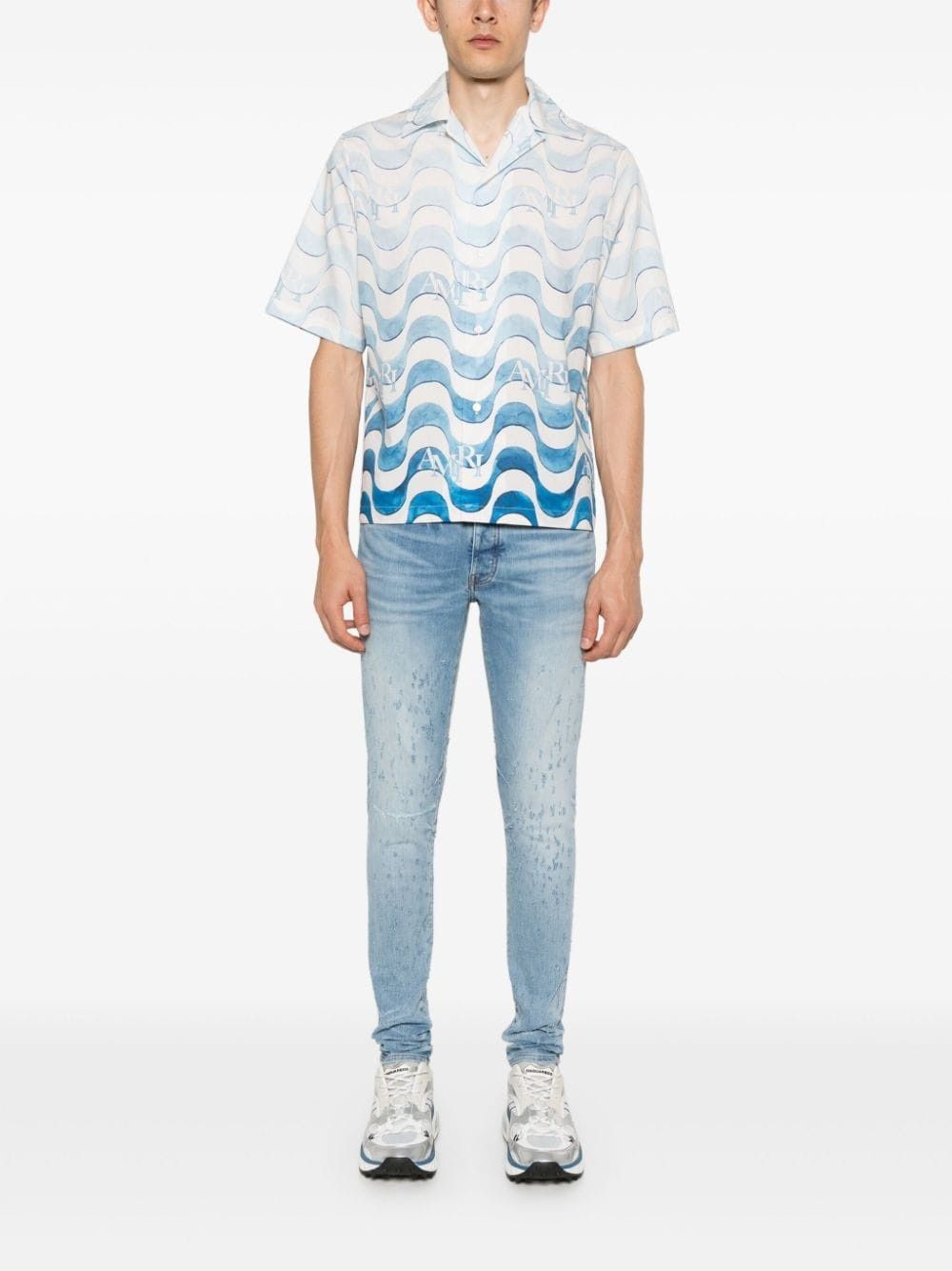 Amiri o1s1wg110825 Wave-Print Cotton Shirt in Blue/White Size US S / EU 44-46 / 1 - 2 Thumbnail