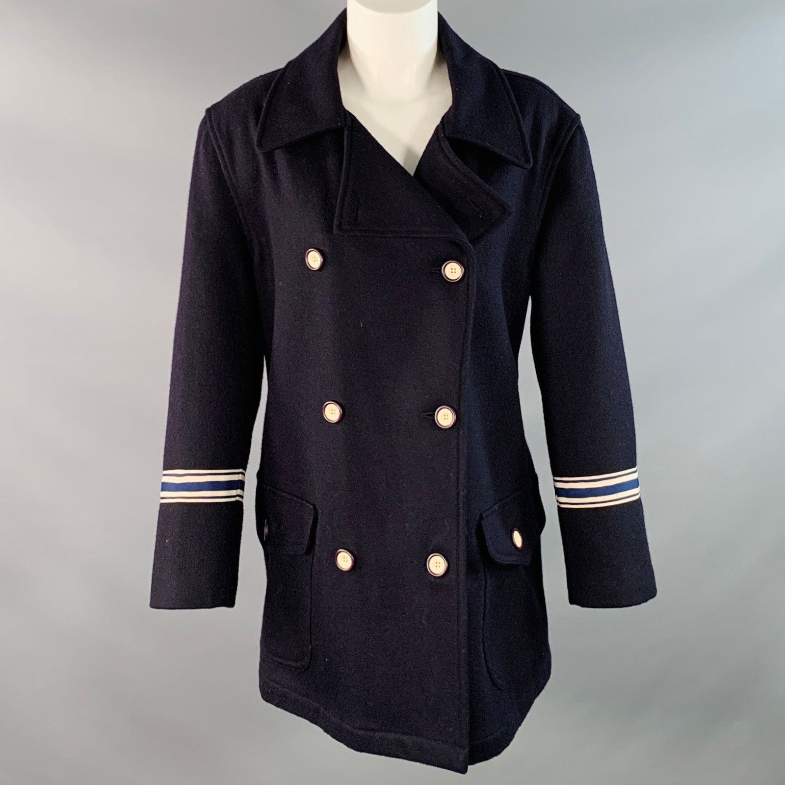 Giorgio Armani Size M Navy White Wool Blend Double Breasted Coat Size M / US 6-8 / IT 42-44 - 1 Thumbnail