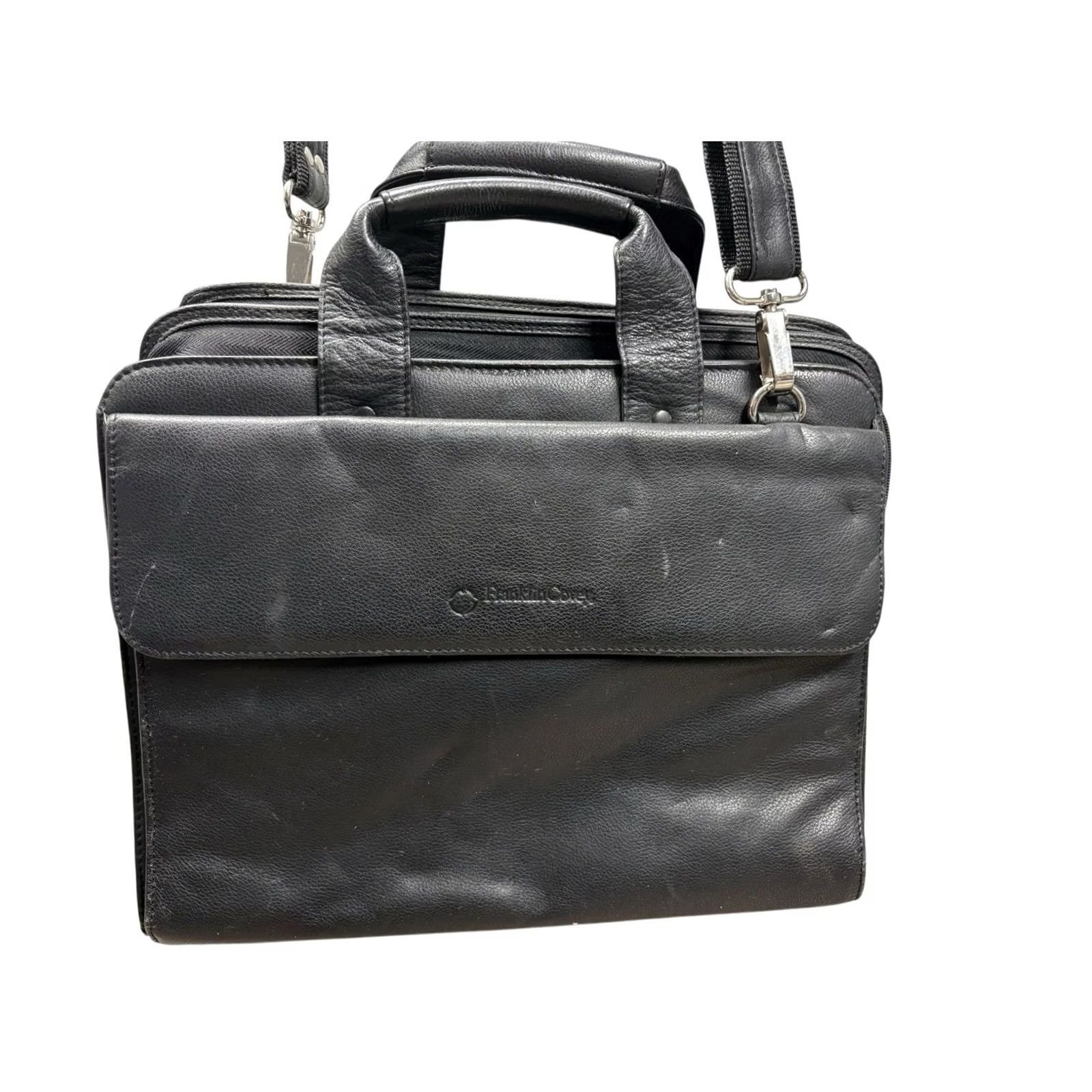 Vintage Franklin Covey Black Leather Shoulder Bag Purse | Medium Nylon Lining | School/Travel Crossbody Handbag Mens Womens Size ONE SIZE - 3 Thumbnail