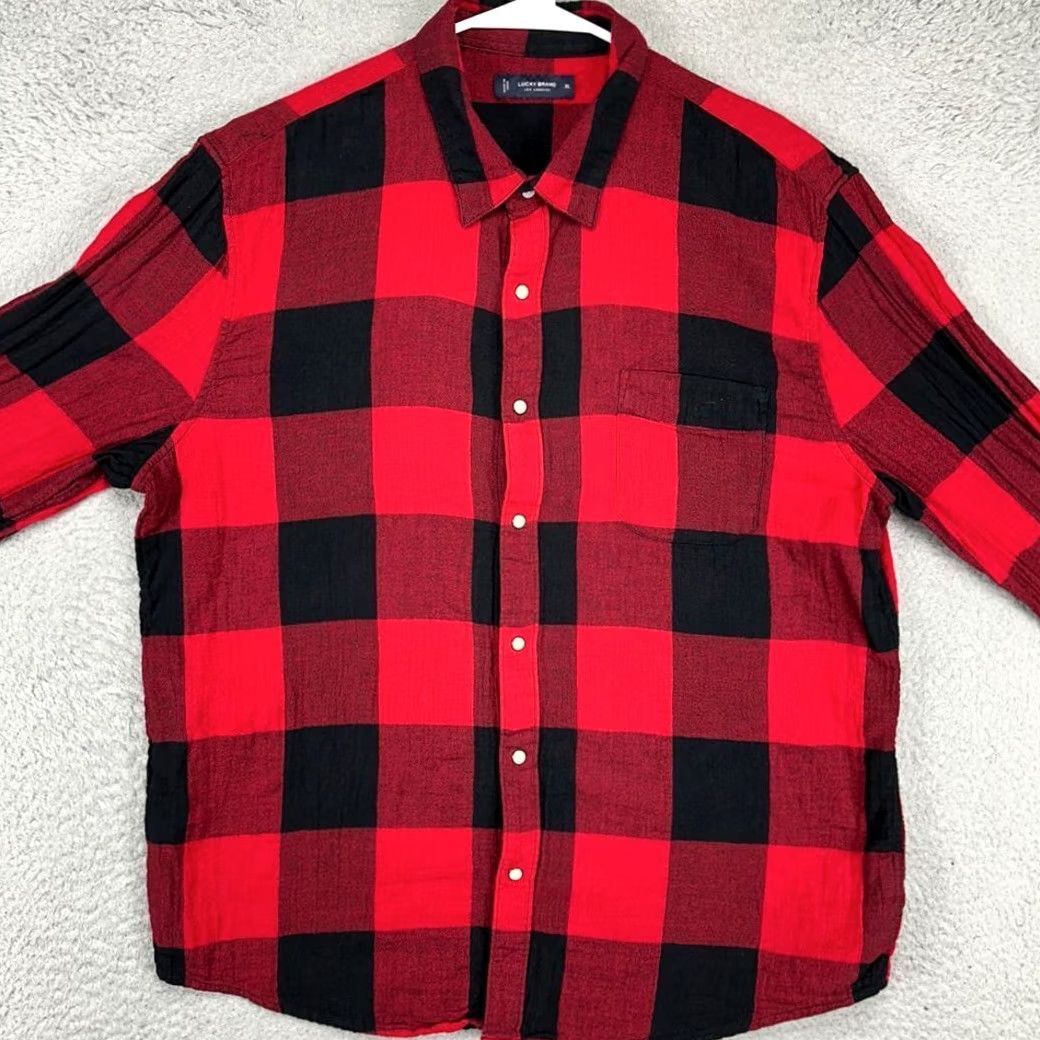 Lucky Brand Lucky Brand Shirt Mens XL Red Black Buffalo Check Button Up Pearl Snap Pocket Size US XL / EU 56 / 4 - 2 Thumbnail