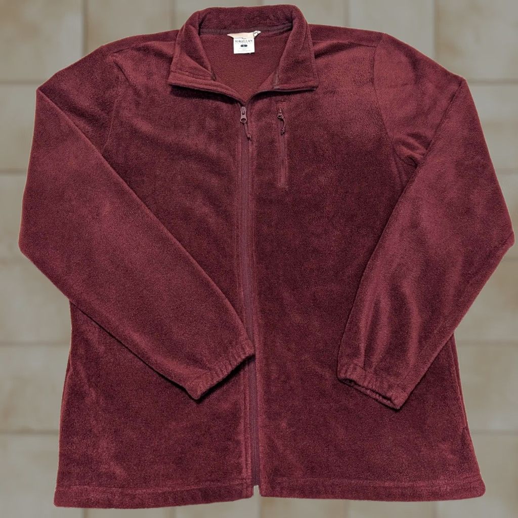 Magellan Outdoors Jacket Mens Large Burgundy Maroon Full Zip Fleece Chest Pocket, Men's