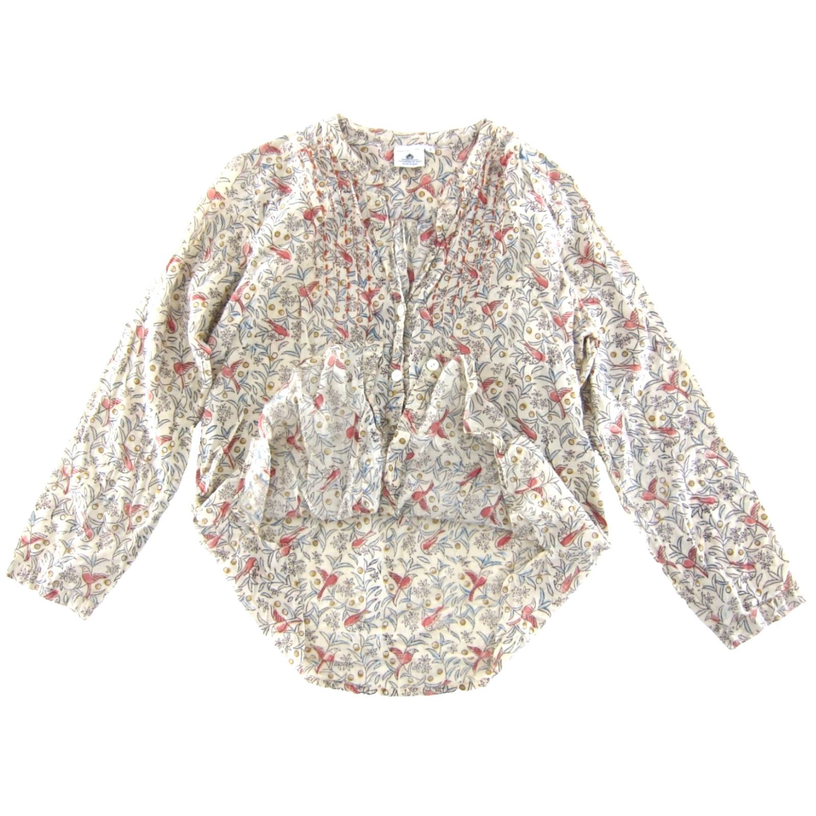 Vintage Dignity Not Charity India Ivory Blue Pink Floral Button Long Sleeve Blouse Large Size L / US 10 / IT 46 - 5 Thumbnail