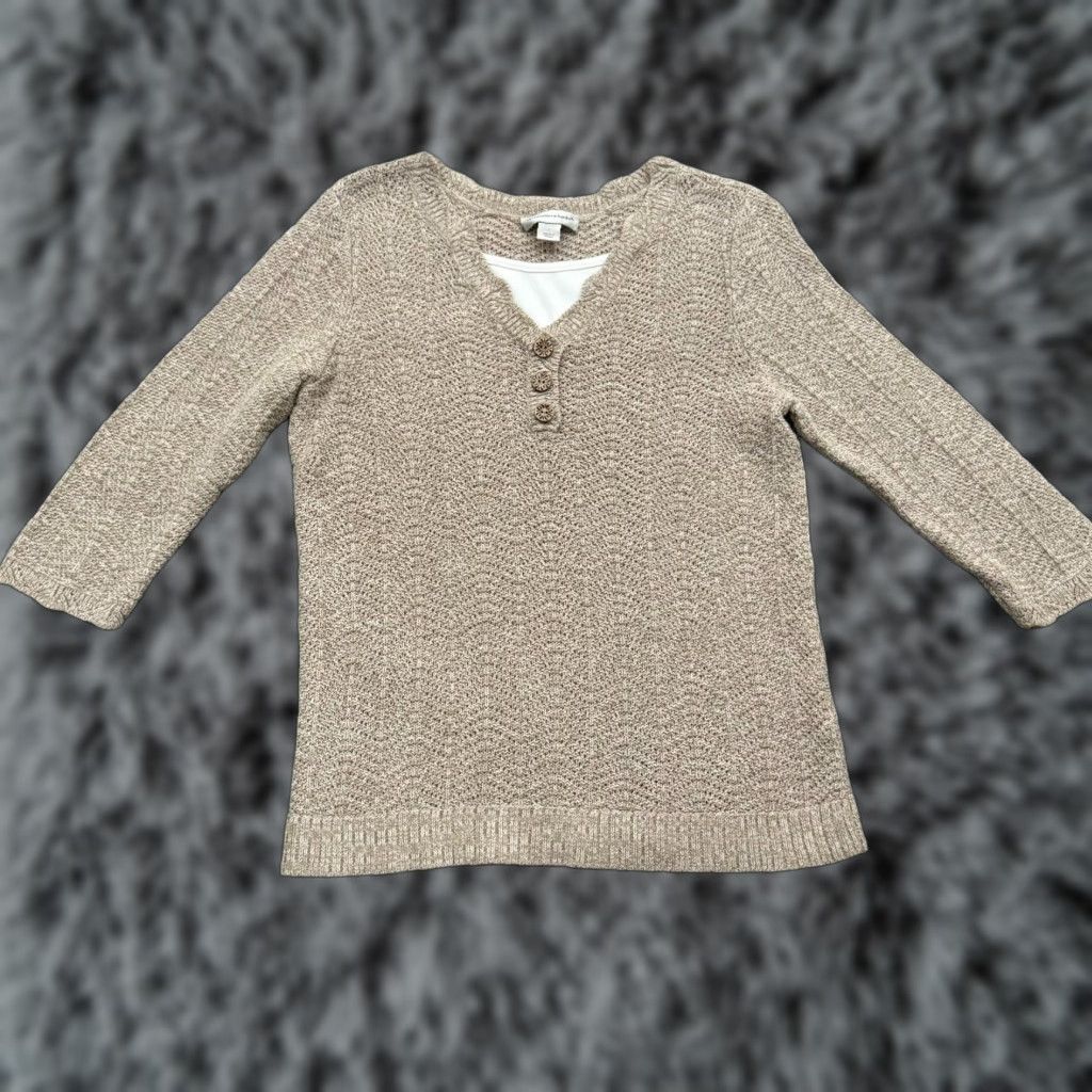 Vintage Christopher & Banks Open Knit Sweater Large Women Pullover Round Neck 3/4 Sleeve Beige Cotton Ramie Crochet Vintage No Bohemian Grandmacore Size L / US 10 / IT 46 - 1 Thumbnail