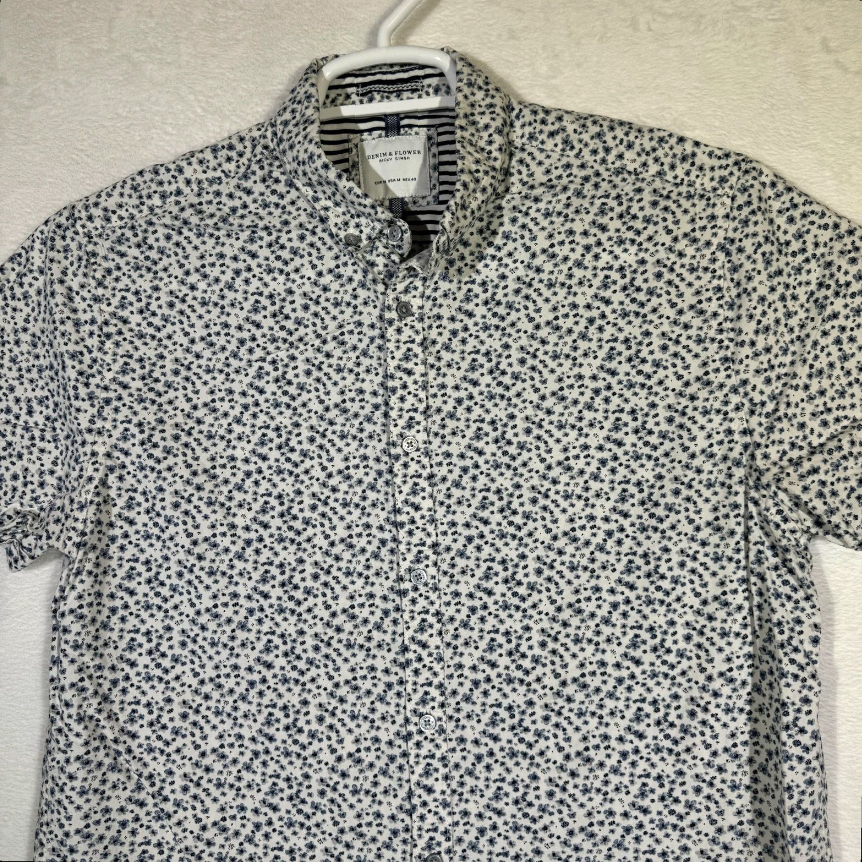 Denime Denim & Flower Shirt Mens Medium Blue White Floral Button-Down Short Sleeve Cotton Size US M / EU 48-50 / 2 - 5 Thumbnail