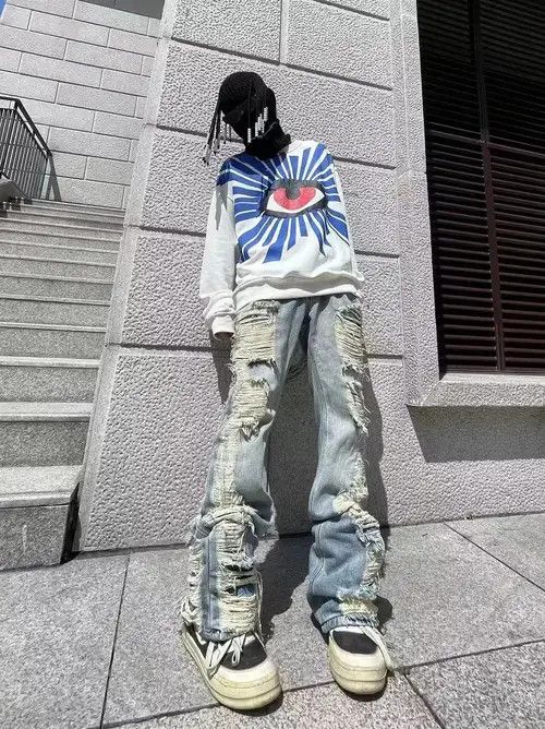 grunge flared hiphop damaged ripped pants