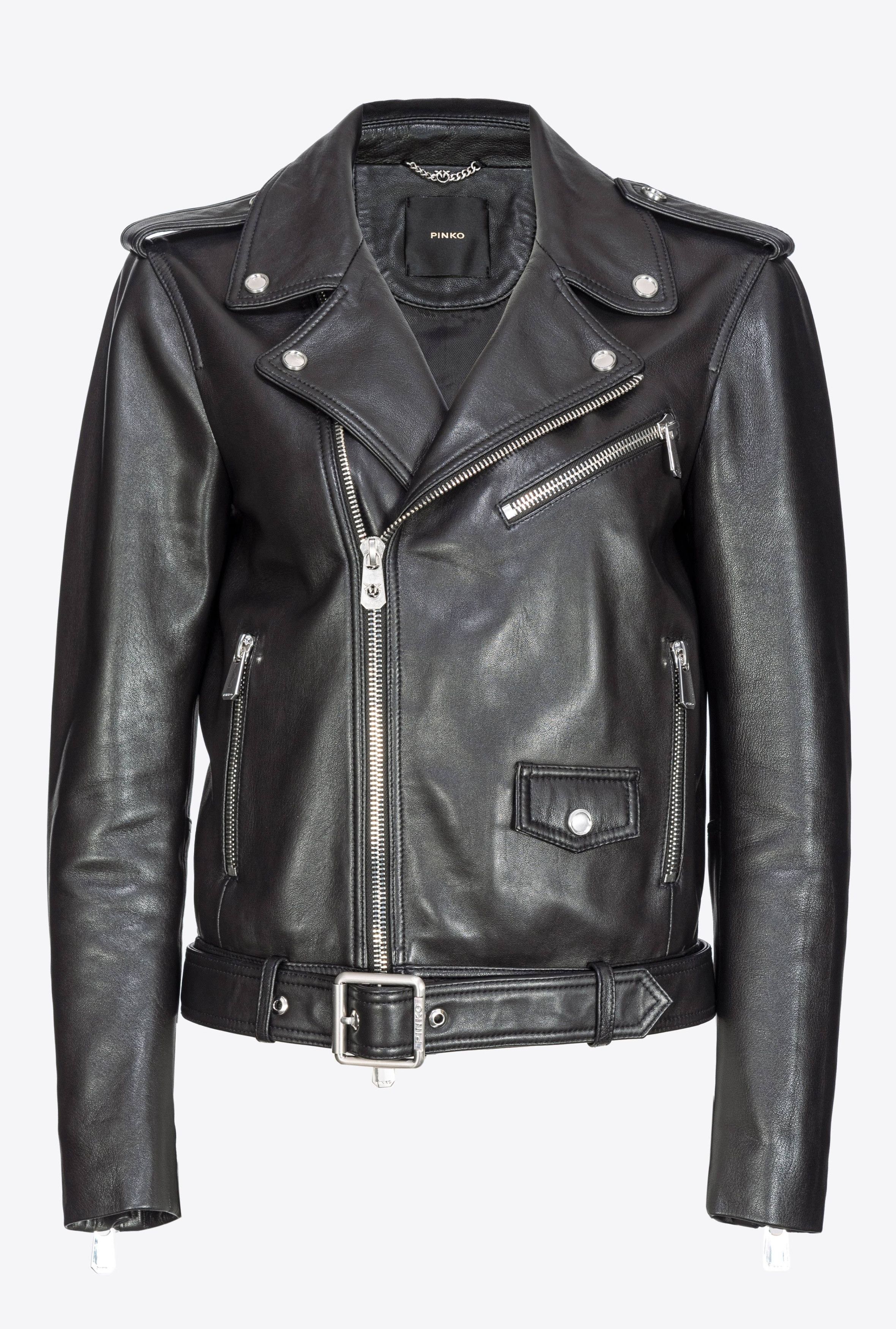Pinko o1s22i1n0824 Nappa Leather Biker Jacket in Black Size S / US 4 / IT 40 - 1 Thumbnail