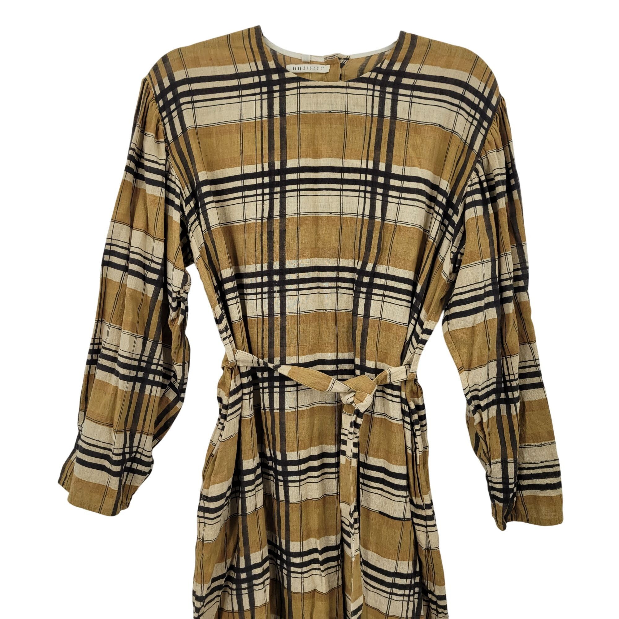 Designer Eleven Eleven Checkered Plaid Mustard Belted Midi Dress Sz M Size M / US 6-8 / IT 42-44 - 7 Thumbnail