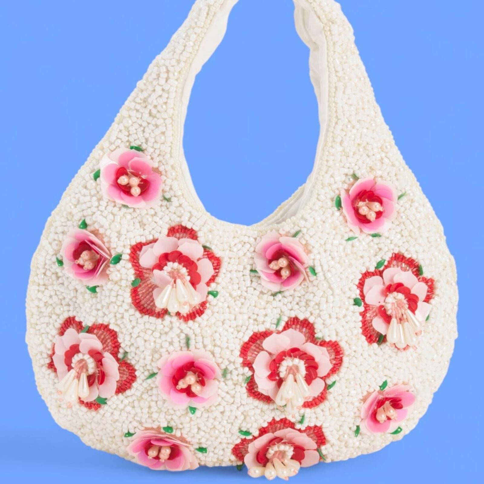 Marsell TikTok Viral Cream Pink Floral Flower Beaded Bag Size ONE SIZE - 1 Thumbnail