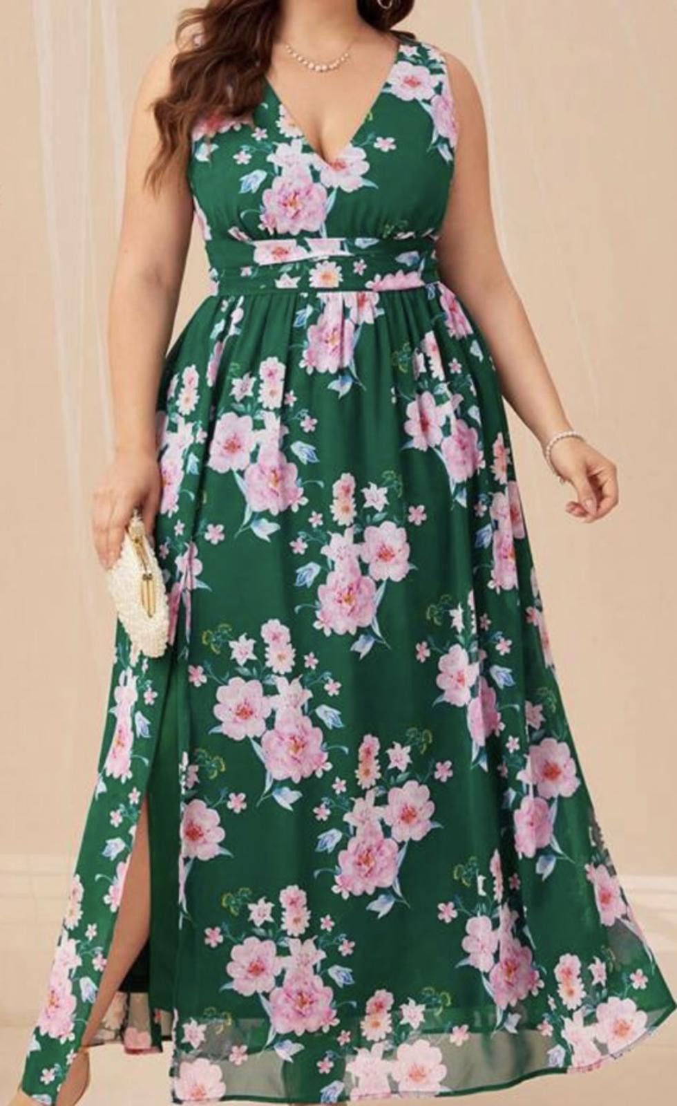 Designer Elegant Floral Maxi Dress – Green with Pink Flowers Size M / US 6-8 / IT 42-44 - 1 Thumbnail